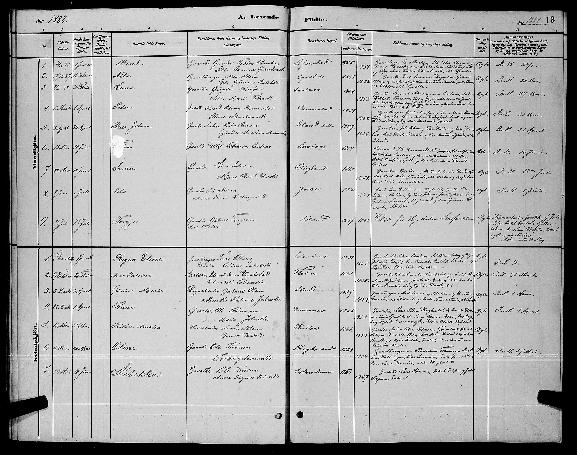 Nord-Audnedal sokneprestkontor, AV/SAK-1111-0032/F/Fb/Fbb/L0003: Parish register (copy) no. B 3, 1882-1900, p. 13