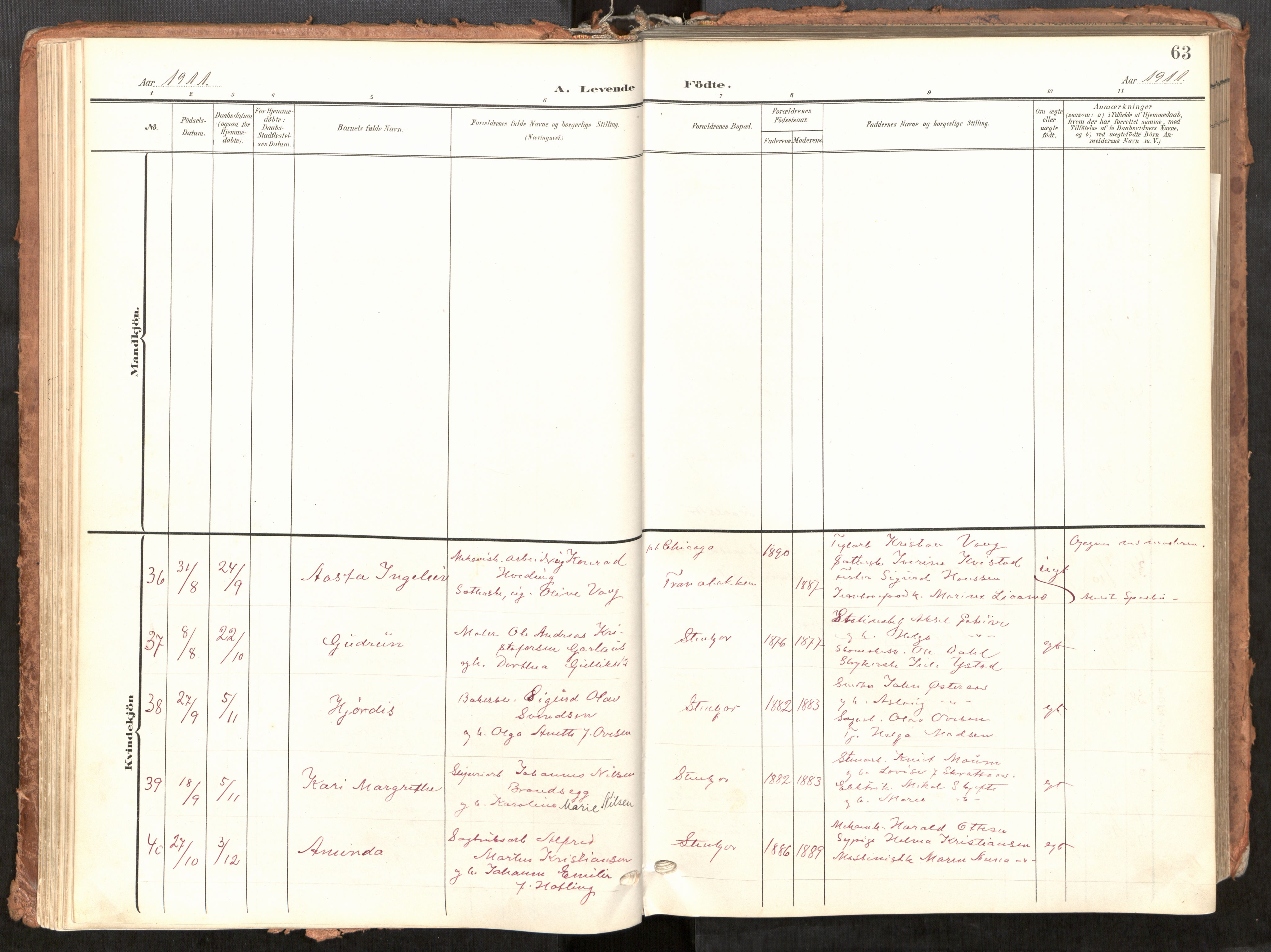 Steinkjer sokneprestkontor, AV/SAT-A-1541/01/H/Ha/Haa/L0001: Parish register (official) no. 1, 1904-1912, p. 63