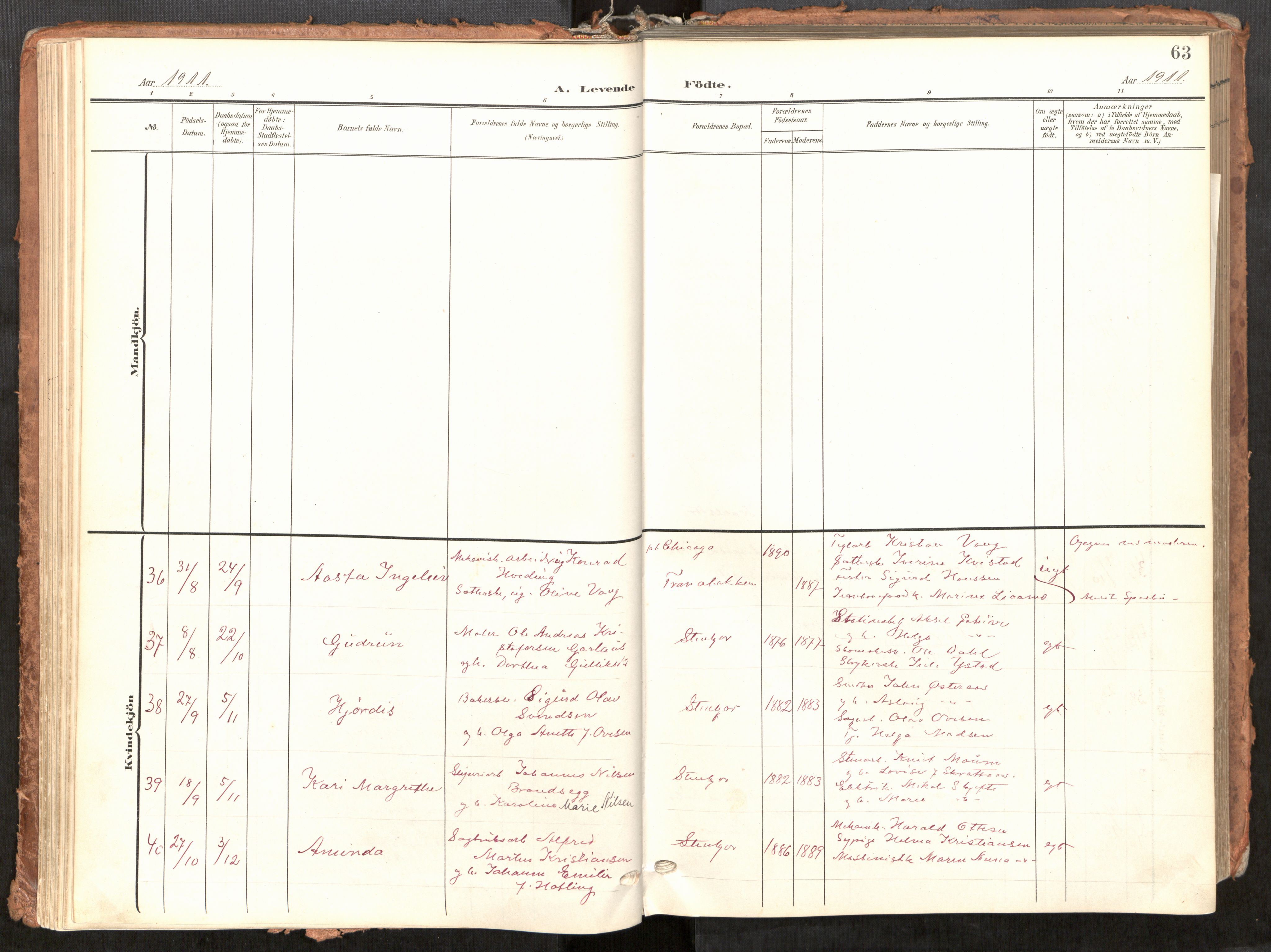 Steinkjer sokneprestkontor, SAT/A-1541/01/H/Ha/Haa/L0001: Parish register (official) no. 1, 1904-1912, p. 63