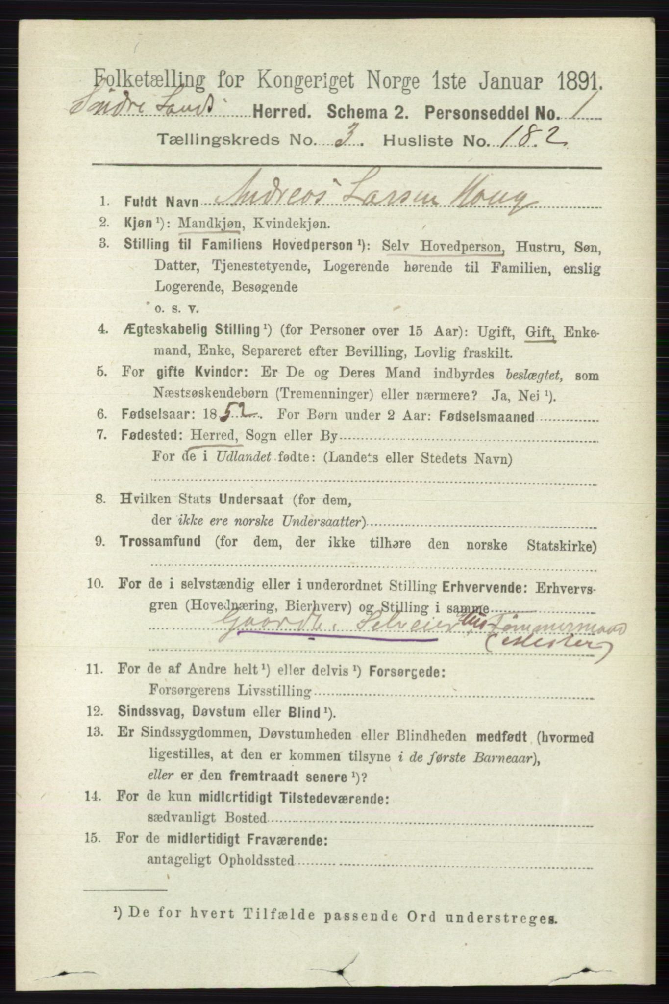 RA, 1891 census for 0536 Søndre Land, 1891, p. 3599