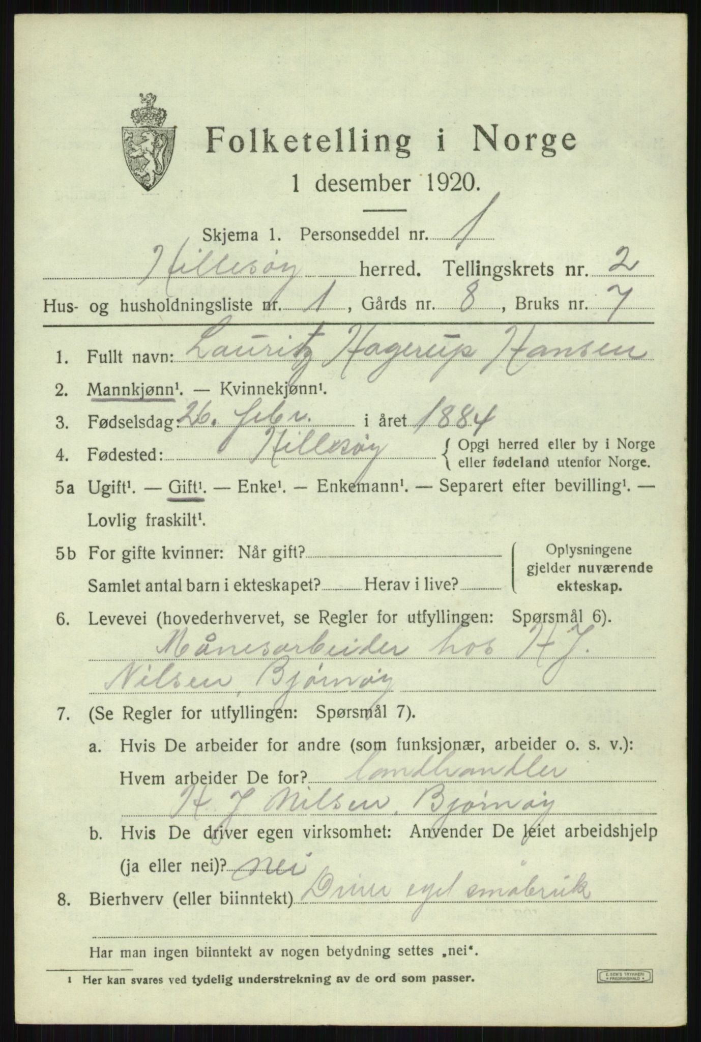 SATØ, 1920 census for Hillesøy, 1920, p. 1095