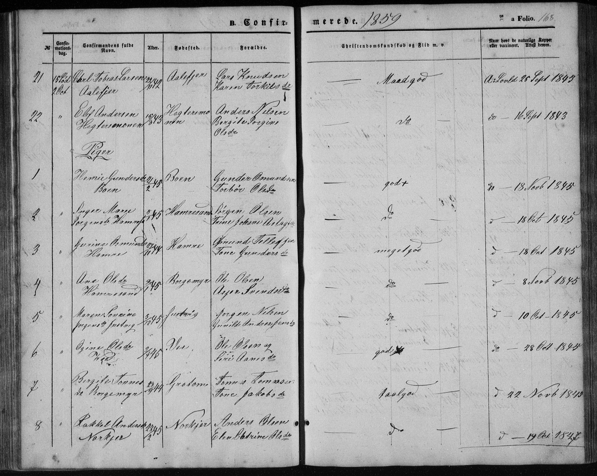 Tveit sokneprestkontor, AV/SAK-1111-0043/F/Fb/L0003: Parish register (copy) no. B 3, 1854-1886, p. 168