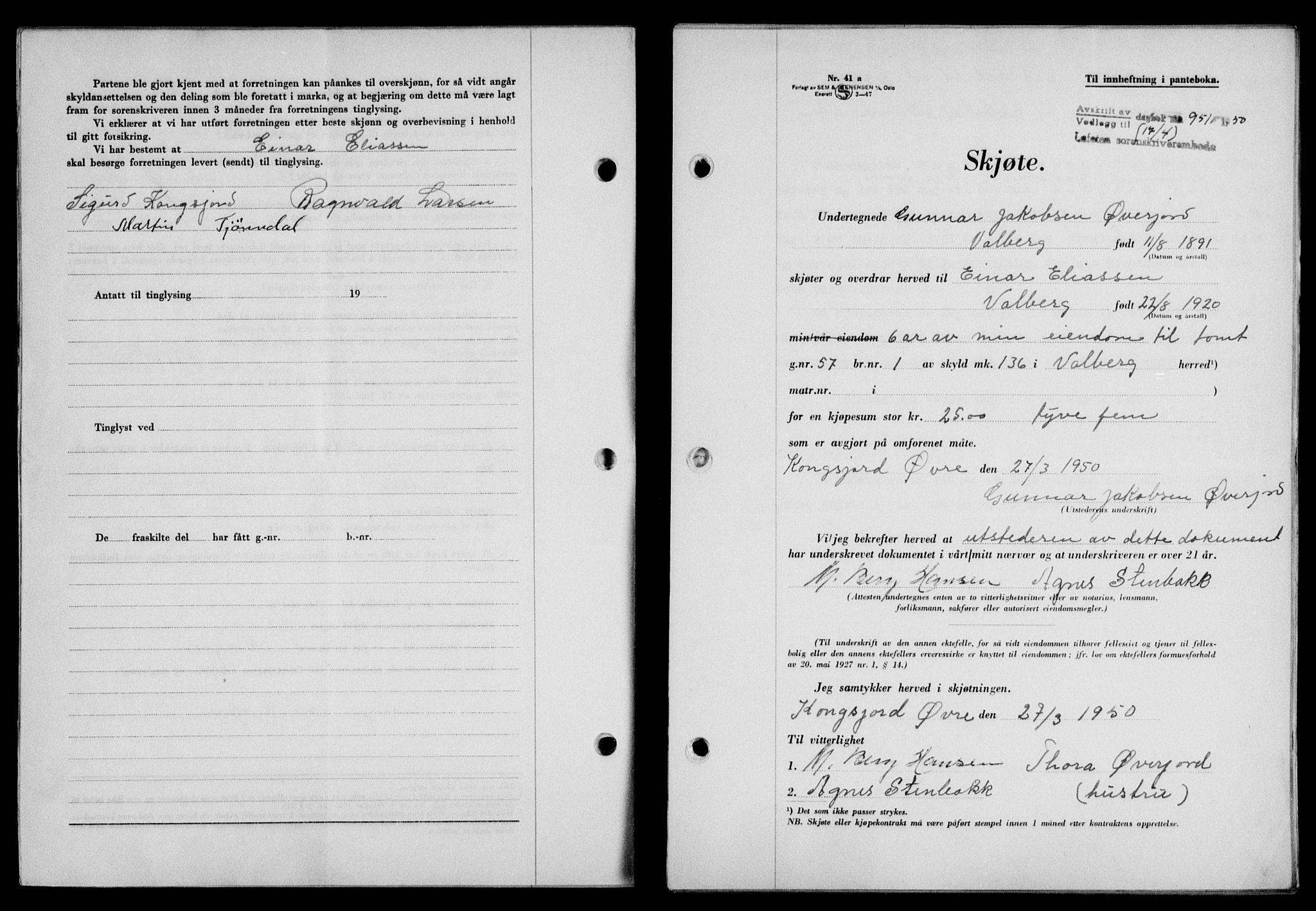 Lofoten sorenskriveri, SAT/A-0017/1/2/2C/L0023a: Mortgage book no. 23a, 1950-1950, Diary no: : 951/1950