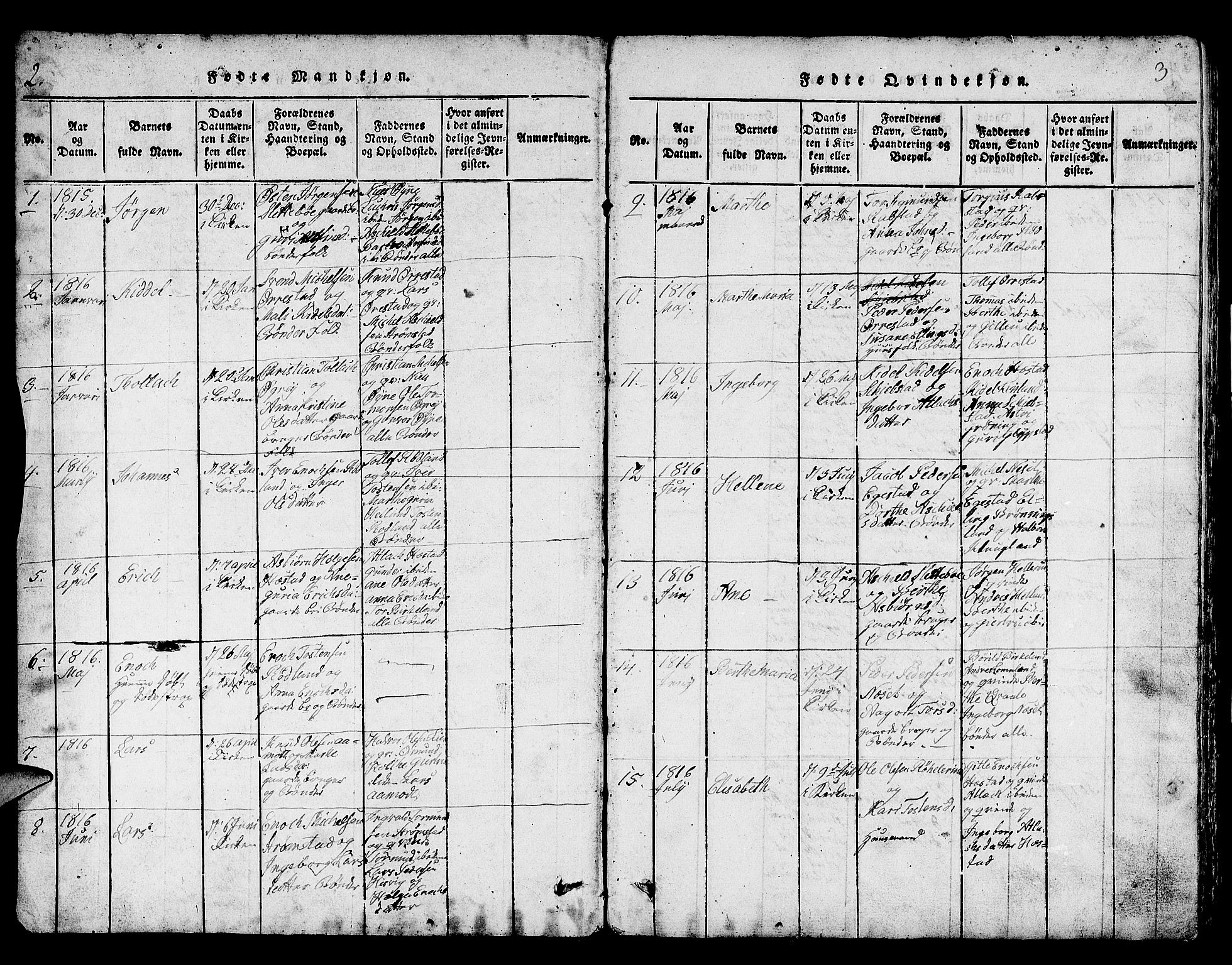 Helleland sokneprestkontor, AV/SAST-A-101810: Parish register (copy) no. B 1, 1815-1841, p. 2-3