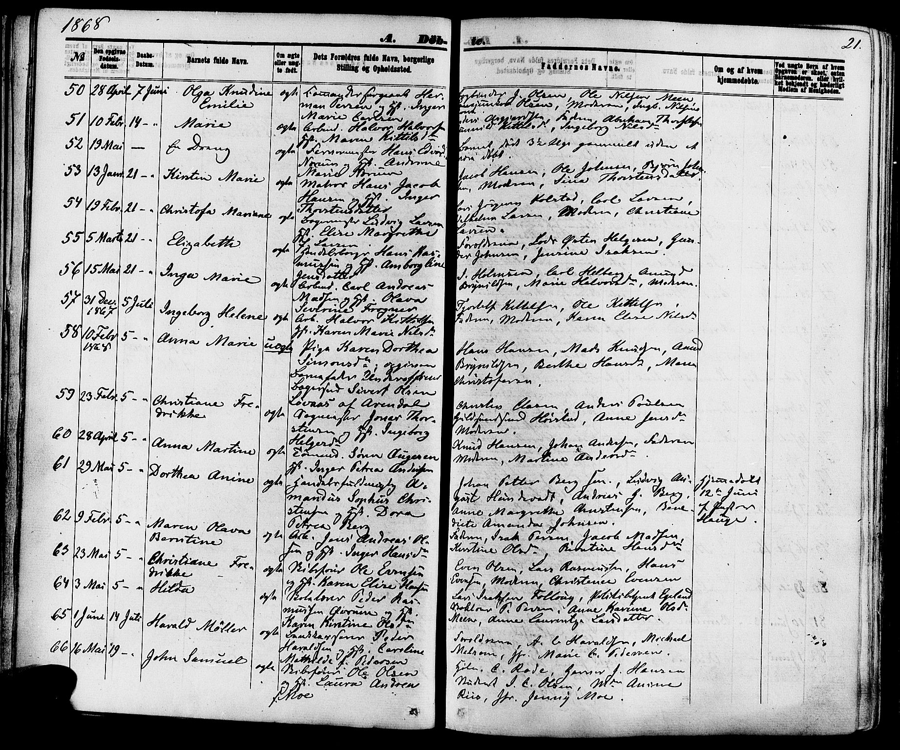 Skien kirkebøker, AV/SAKO-A-302/F/Fa/L0008: Parish register (official) no. 8, 1866-1877, p. 21