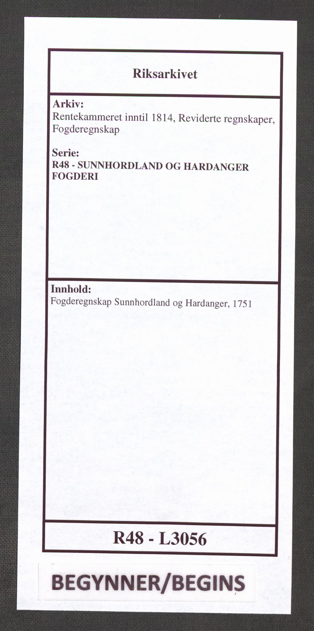 Rentekammeret inntil 1814, Reviderte regnskaper, Fogderegnskap, RA/EA-4092/R48/L3056: Fogderegnskap Sunnhordland og Hardanger, 1751, p. 1