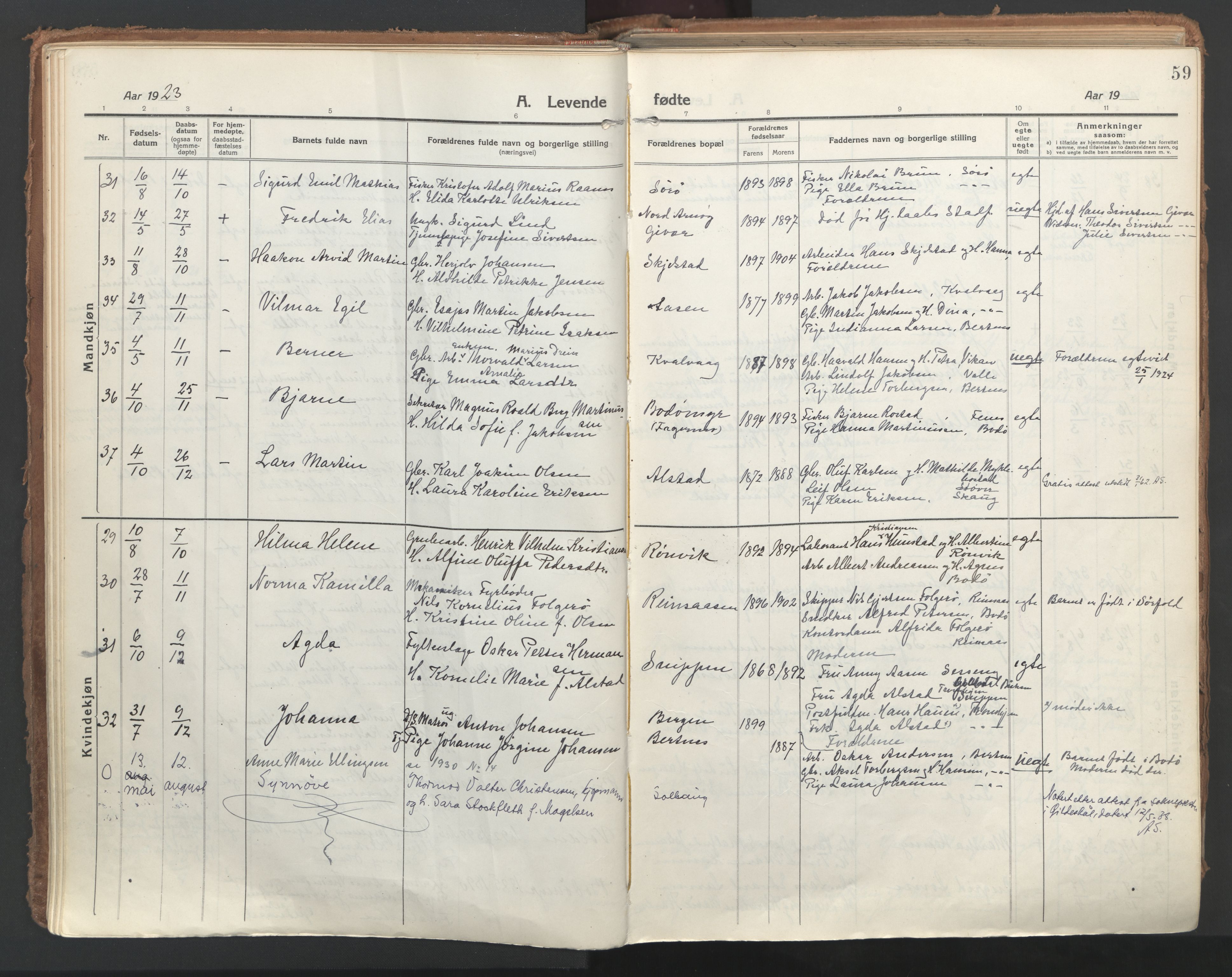 Ministerialprotokoller, klokkerbøker og fødselsregistre - Nordland, AV/SAT-A-1459/802/L0060: Parish register (official) no. 802A07, 1916-1933, p. 59