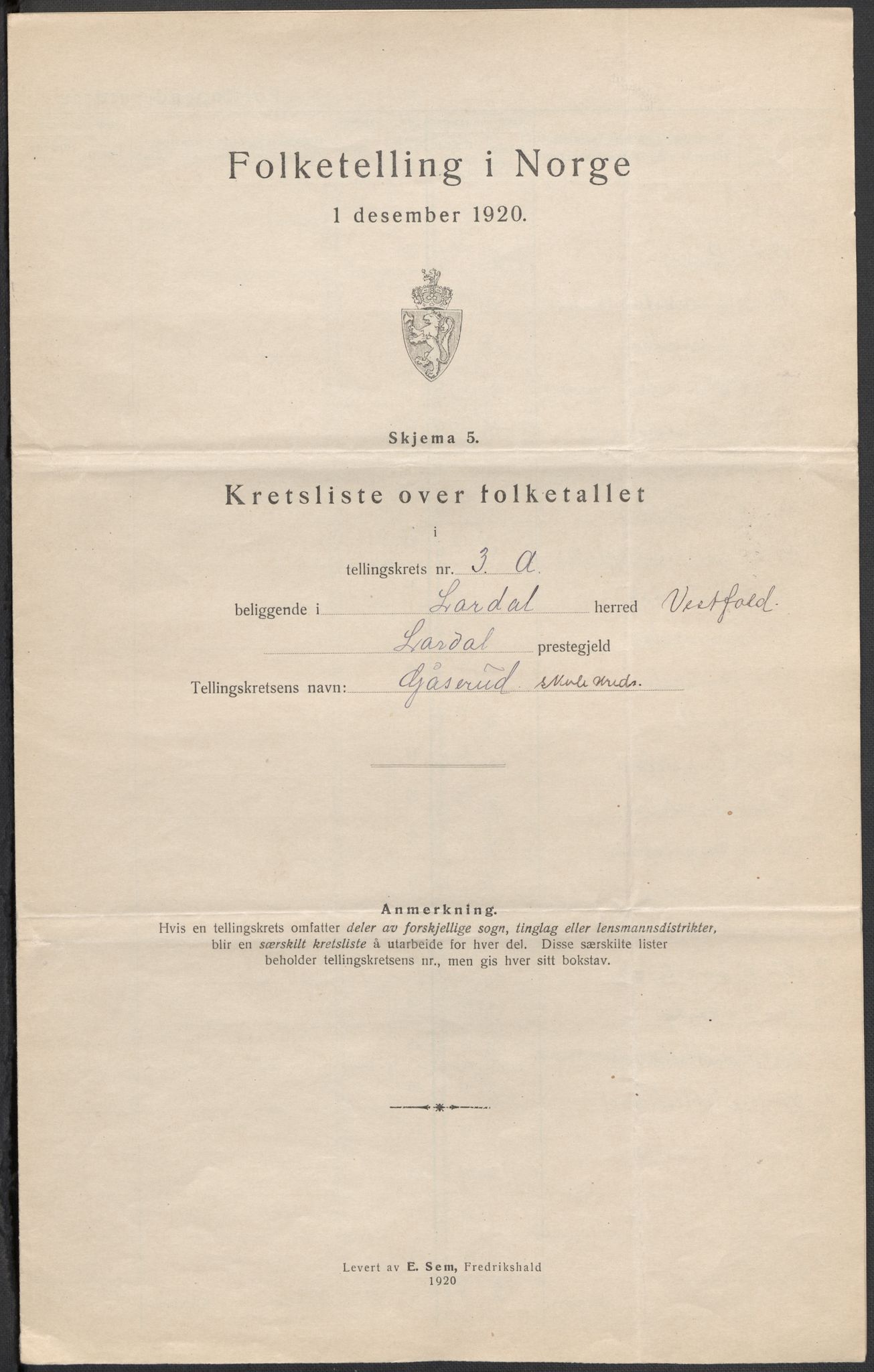 SAKO, 1920 census for Lardal, 1920, p. 14