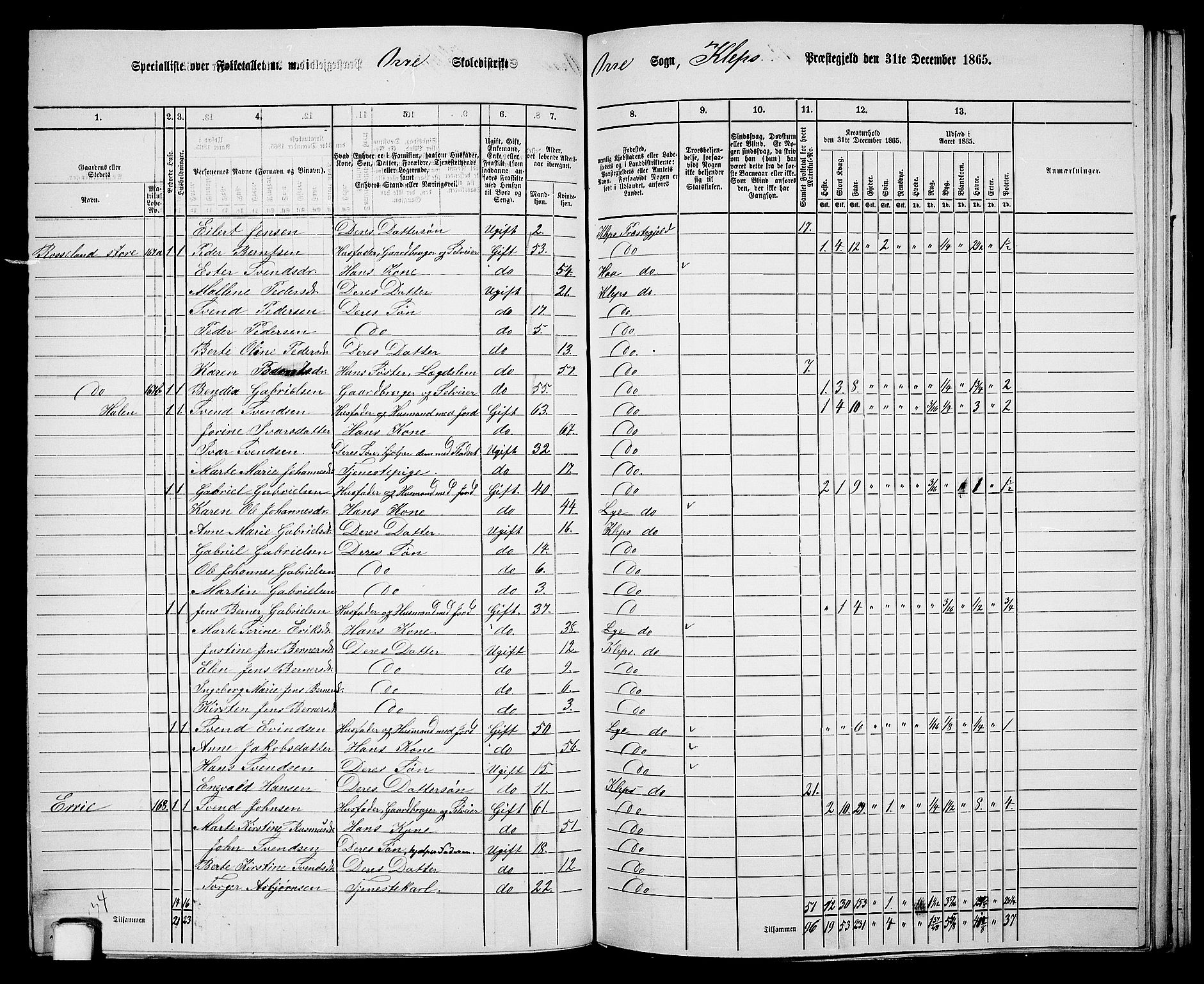 RA, 1865 census for Klepp, 1865, p. 60