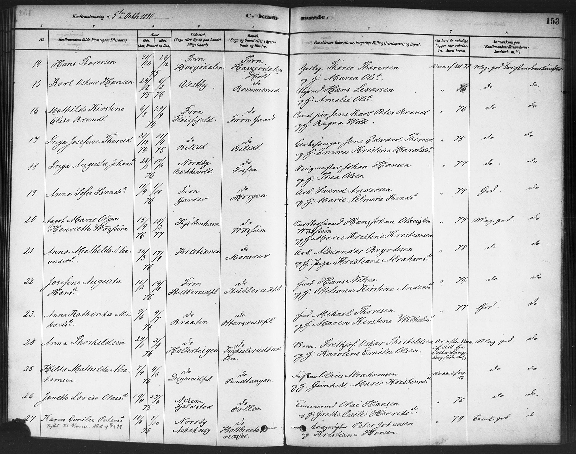 Drøbak prestekontor Kirkebøker, SAO/A-10142a/F/Fc/L0002: Parish register (official) no. III 2, 1878-1891, p. 153