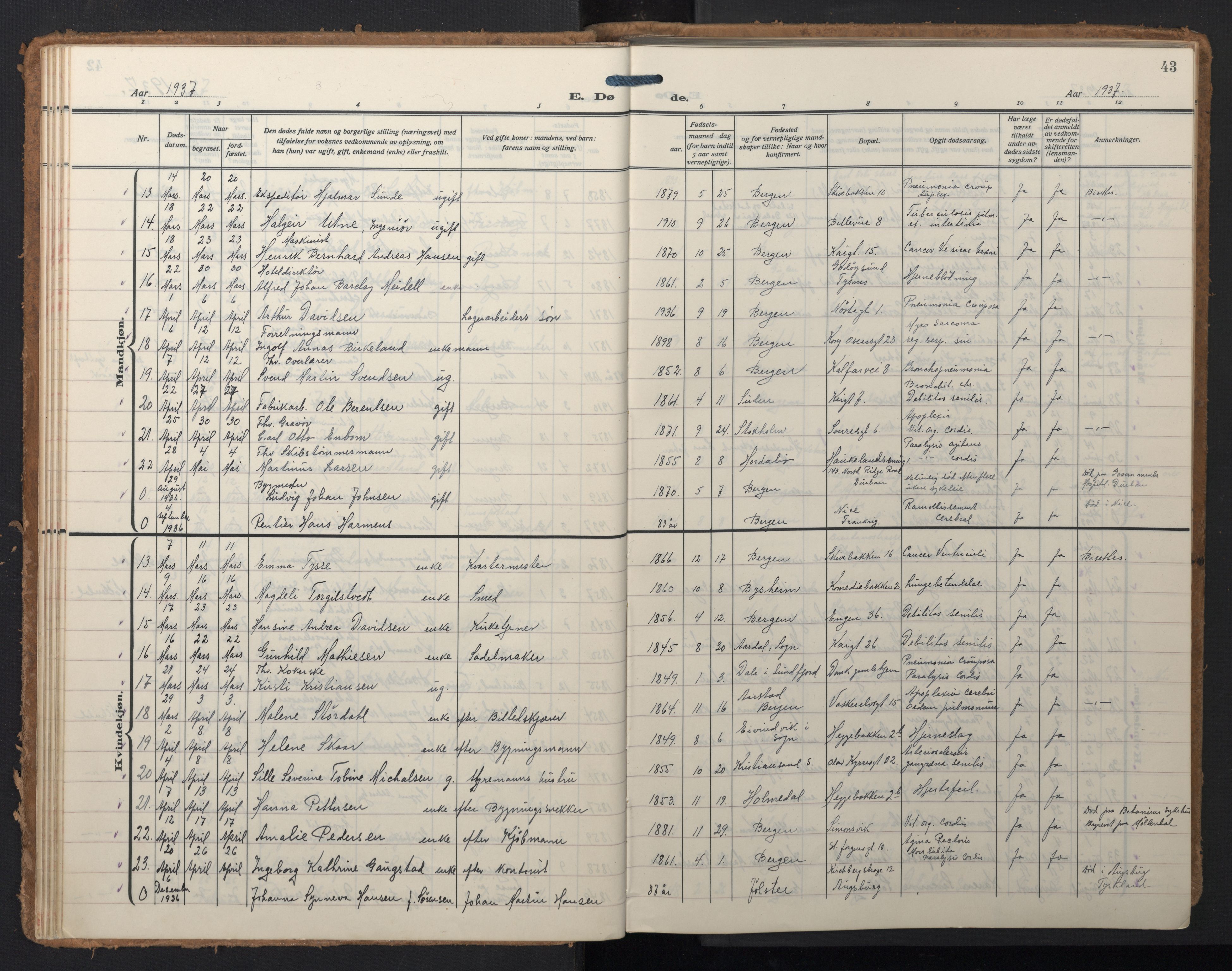 Domkirken sokneprestembete, SAB/A-74801/H/Hab/L0043: Parish register (copy) no. E 7, 1929-1965, p. 42b-43a