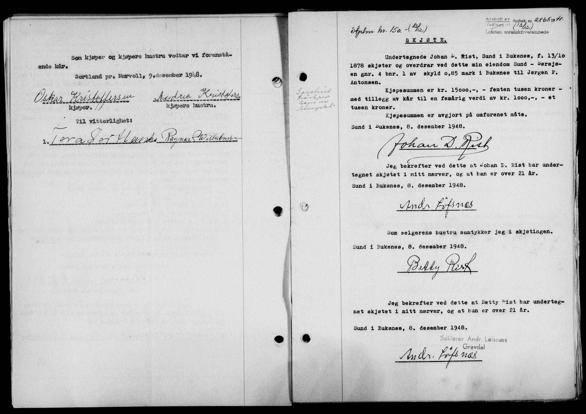 Lofoten sorenskriveri, SAT/A-0017/1/2/2C/L0020a: Mortgage book no. 20a, 1948-1949, Diary no: : 2865/1948