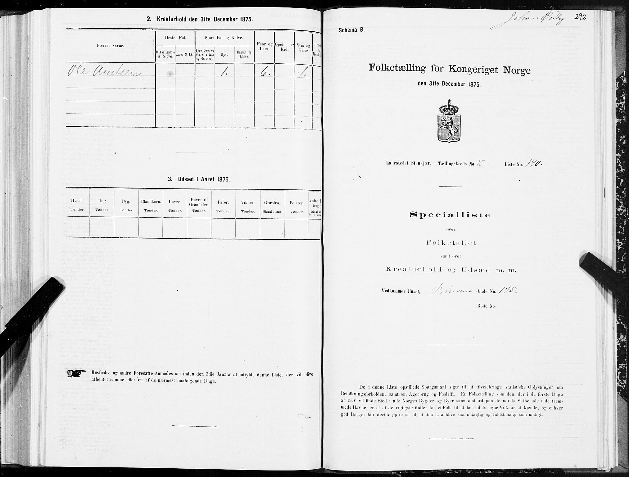 SAT, 1875 census for 1702B Steinkjer/Steinkjer, 1875, p. 292