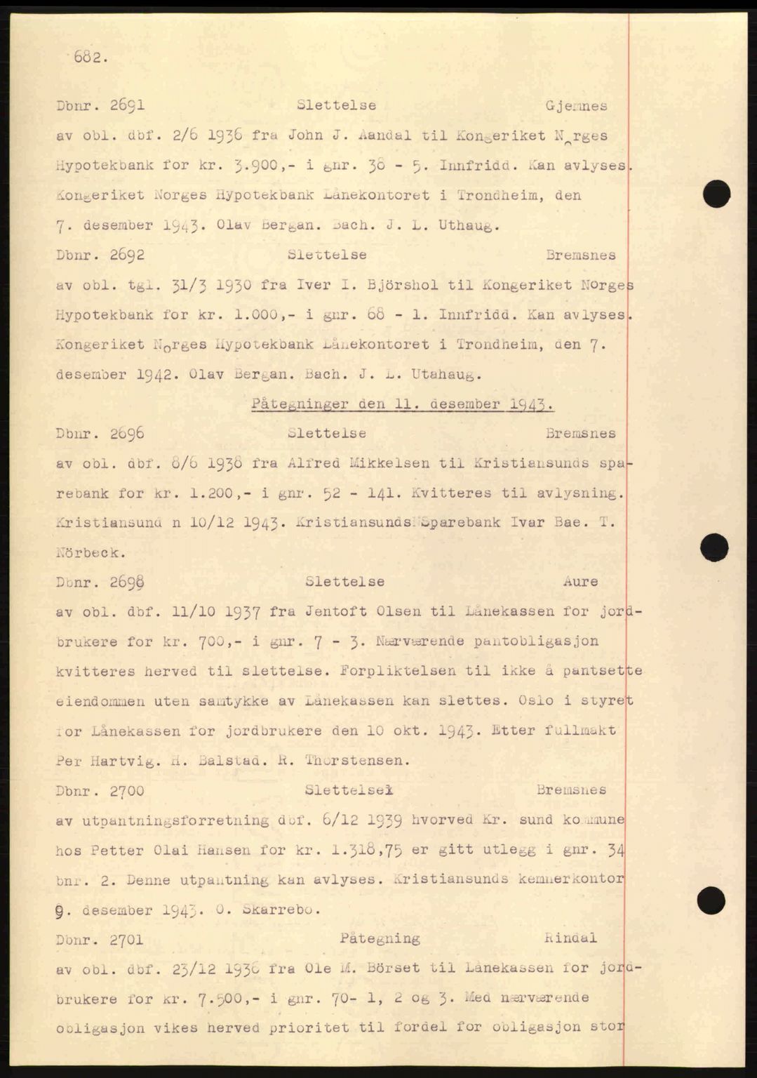 Nordmøre sorenskriveri, AV/SAT-A-4132/1/2/2Ca: Mortgage book no. C81, 1940-1945, Diary no: : 2691/1943