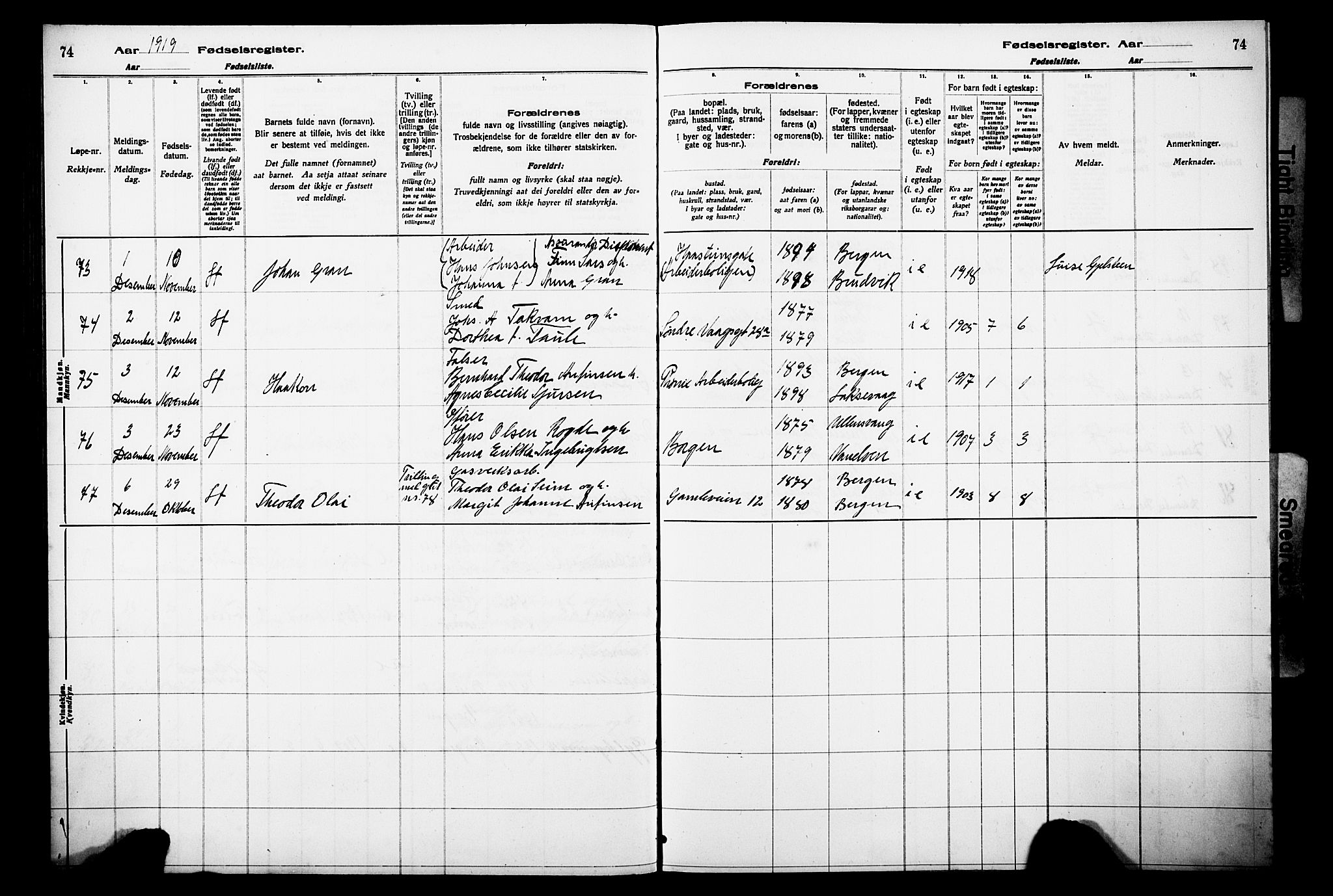 Laksevåg Sokneprestembete, AV/SAB-A-76501/I/Id/L00A1: Birth register no. A 1, 1916-1926, p. 74