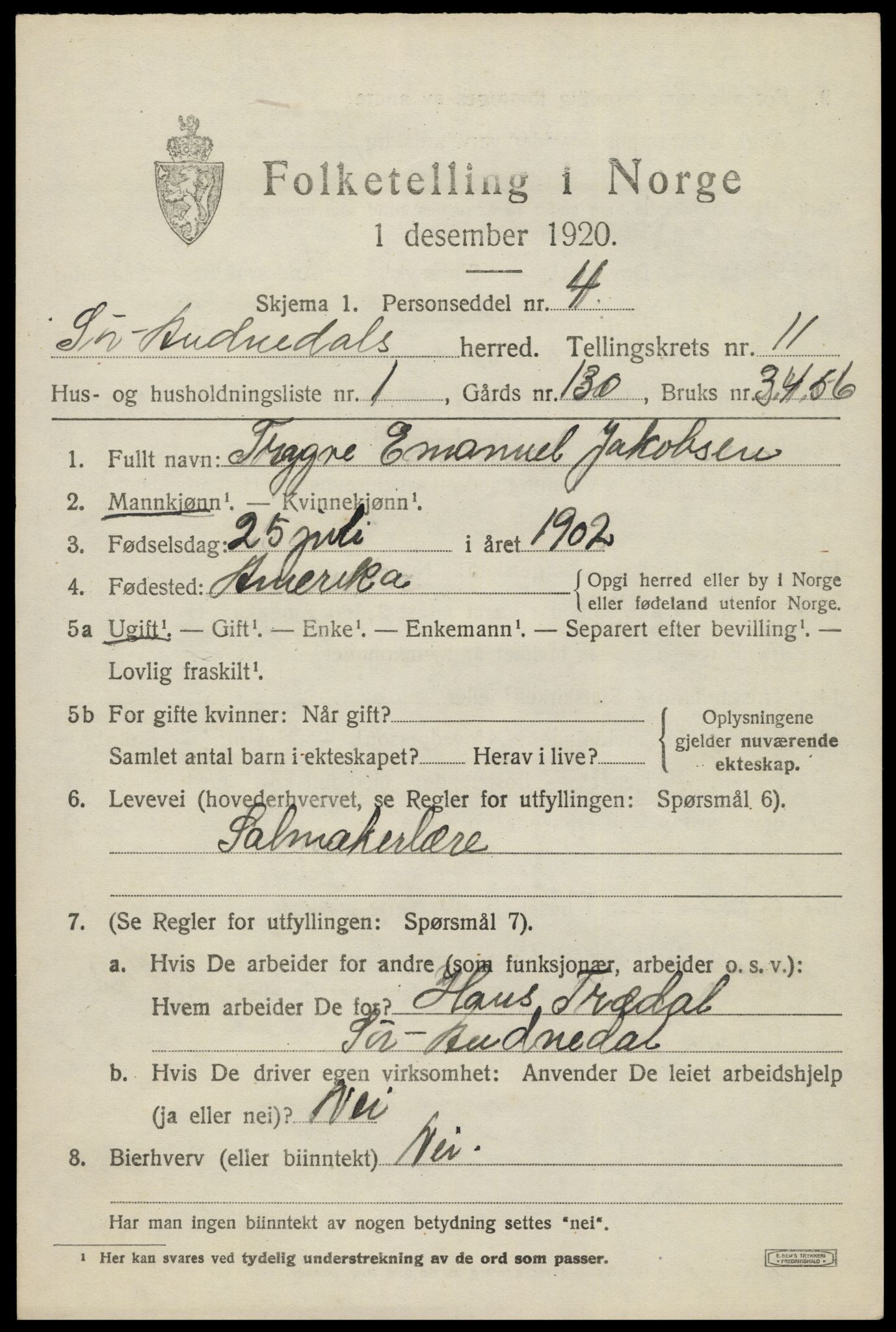 SAK, 1920 census for Sør-Audnedal, 1920, p. 4249