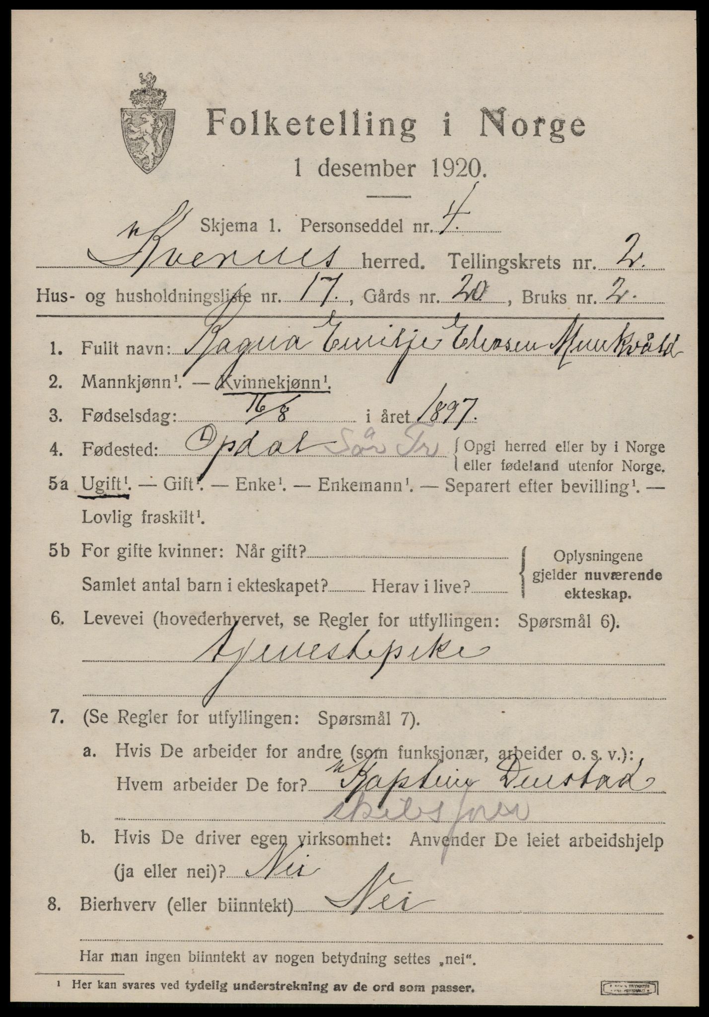 SAT, 1920 census for Kvernes, 1920, p. 1157