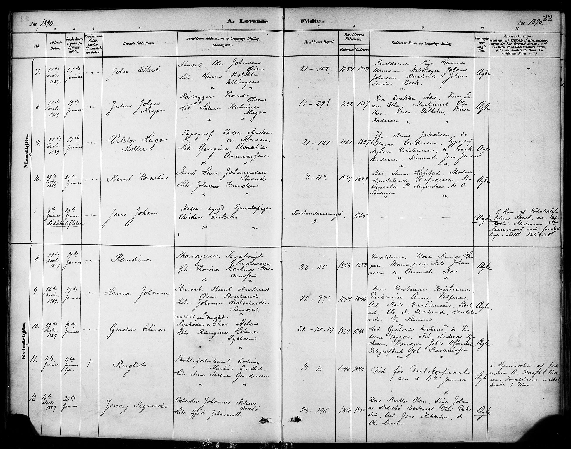 Korskirken sokneprestembete, AV/SAB-A-76101/H/Haa/L0022: Parish register (official) no. B 8, 1889-1899, p. 22