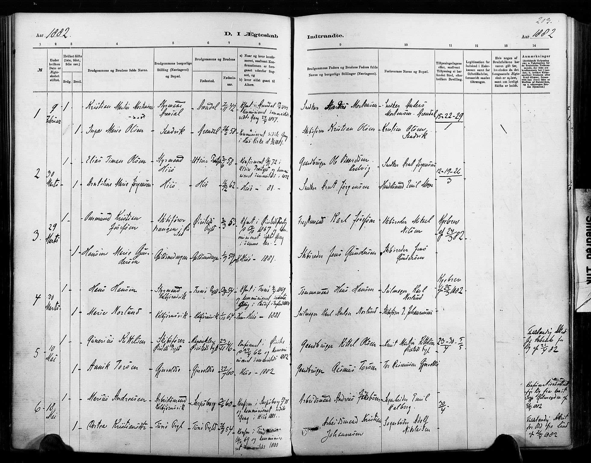 Hisøy sokneprestkontor, AV/SAK-1111-0020/F/Fa/L0003: Parish register (official) no. A 3, 1881-1894, p. 203