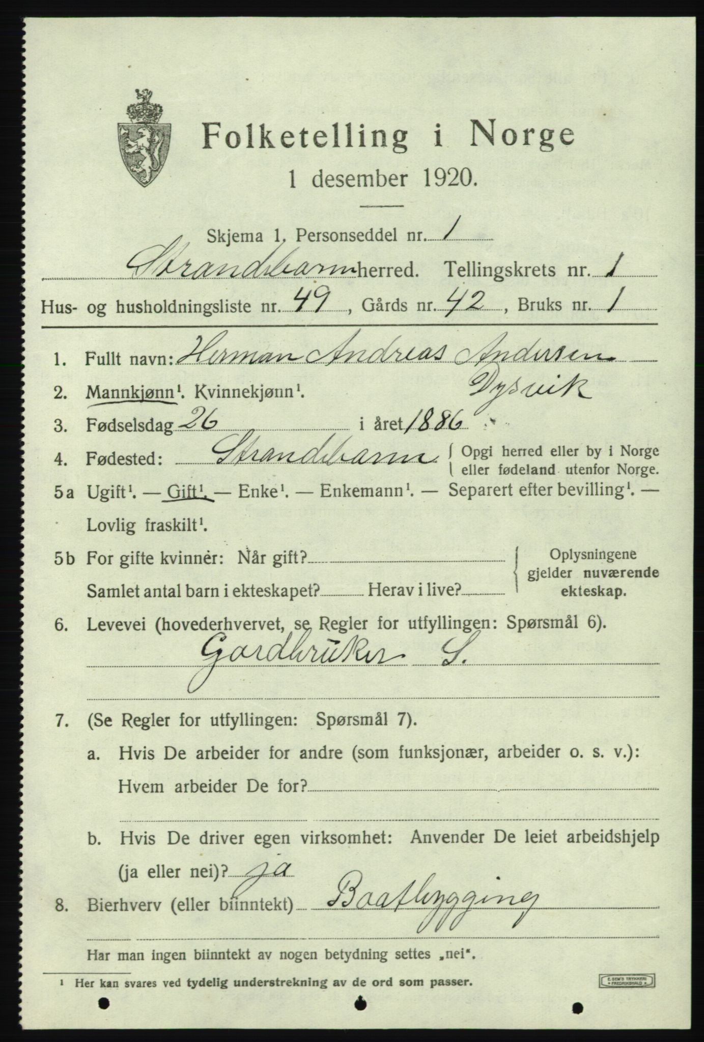 SAB, 1920 census for Strandebarm, 1920, p. 1860