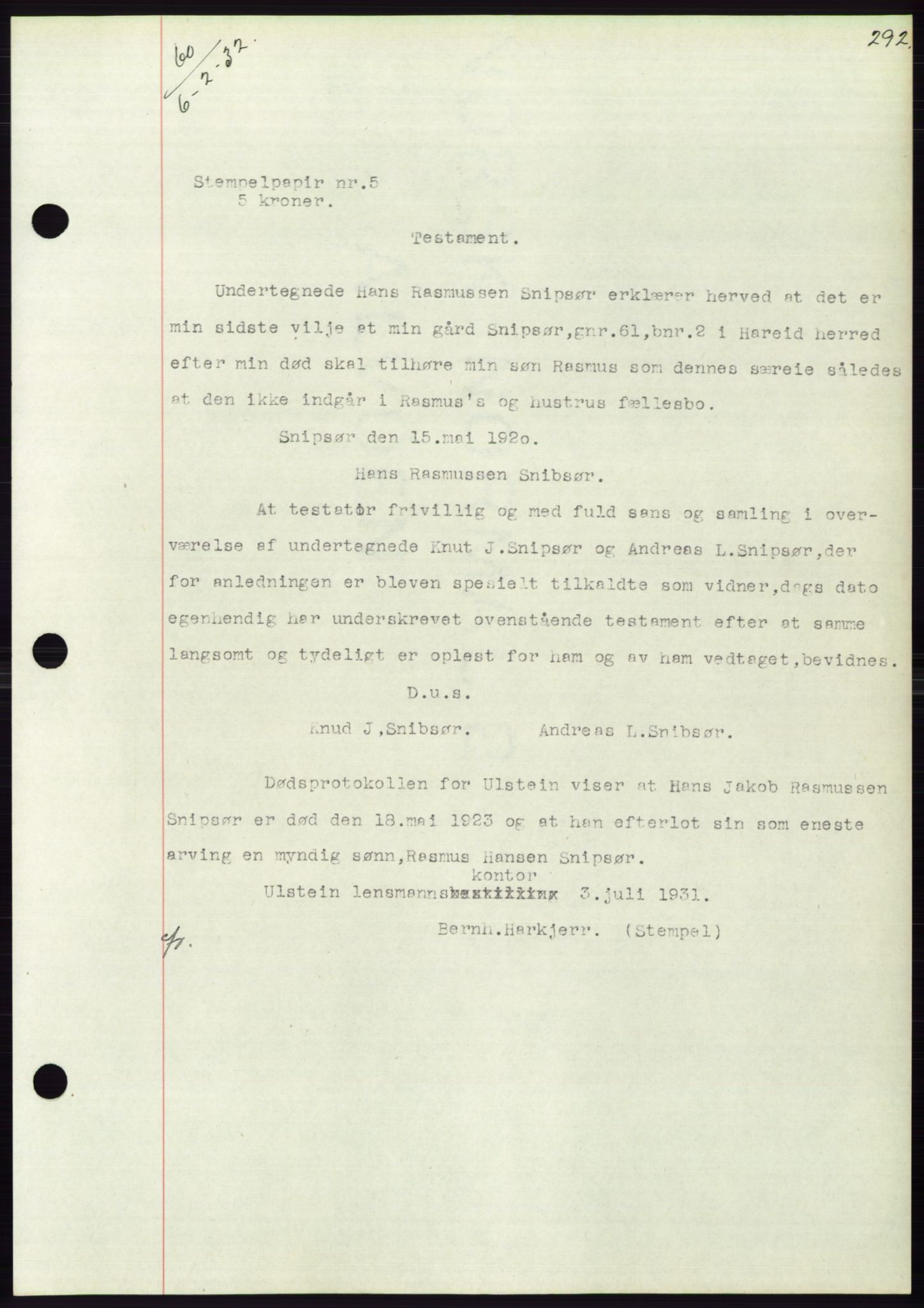 Søre Sunnmøre sorenskriveri, AV/SAT-A-4122/1/2/2C/L0053: Mortgage book no. 47, 1931-1932, Deed date: 06.02.1932