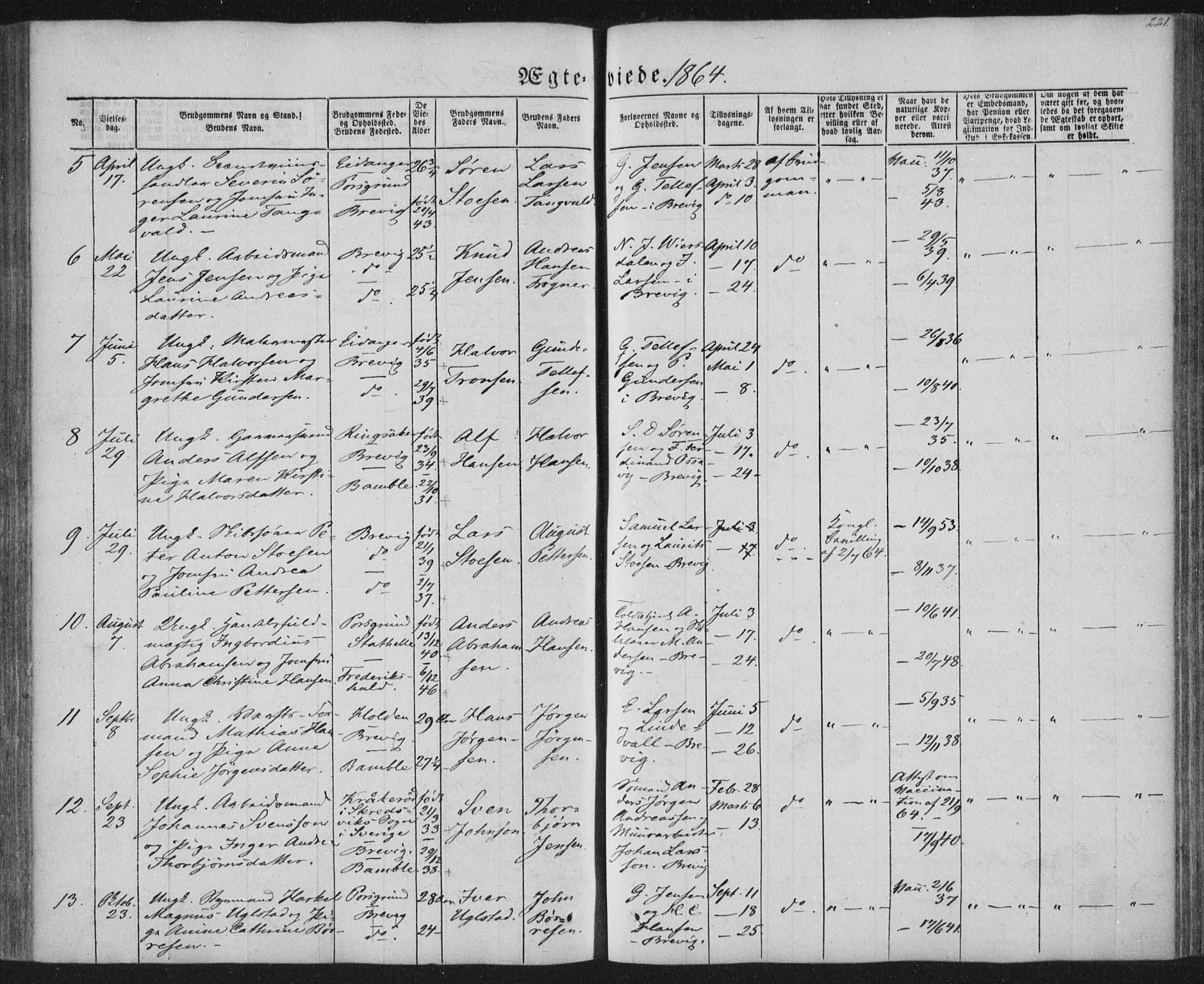 Brevik kirkebøker, AV/SAKO-A-255/F/Fa/L0005: Parish register (official) no. 5, 1847-1865, p. 221