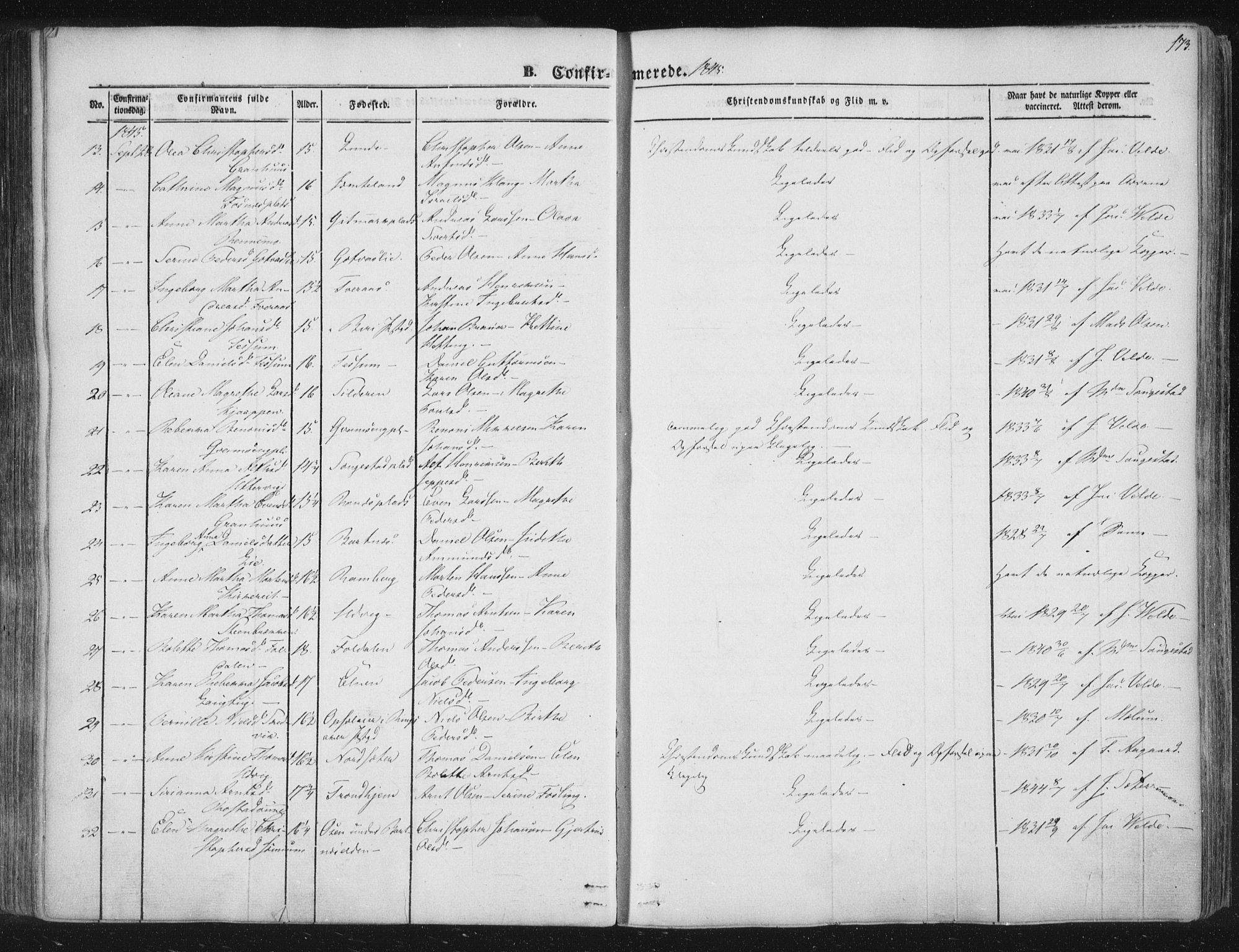 Ministerialprotokoller, klokkerbøker og fødselsregistre - Nord-Trøndelag, AV/SAT-A-1458/741/L0392: Parish register (official) no. 741A06, 1836-1848, p. 173