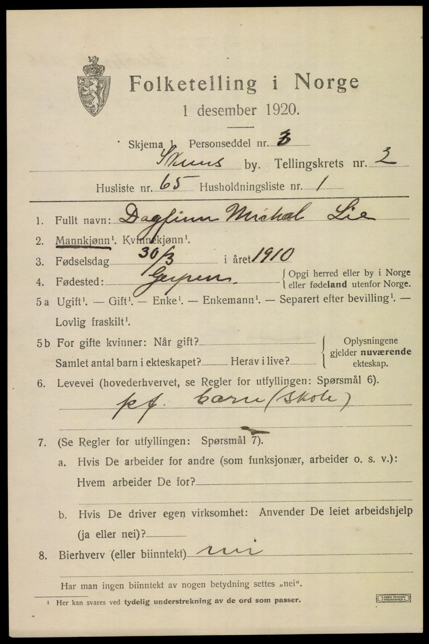 SAKO, 1920 census for Skien, 1920, p. 14348