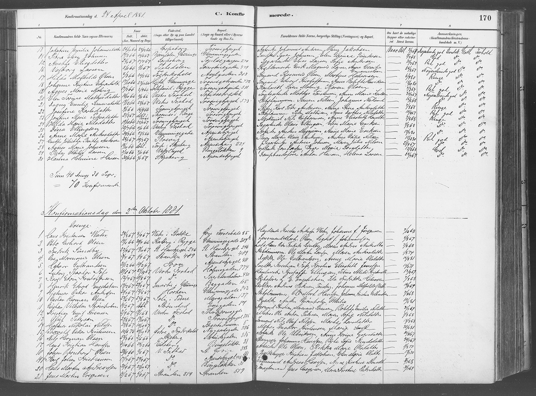 Fredrikstad domkirkes prestekontor Kirkebøker, SAO/A-10906/G/Ga/L0003: Parish register (copy) no. 3, 1880-1900, p. 170