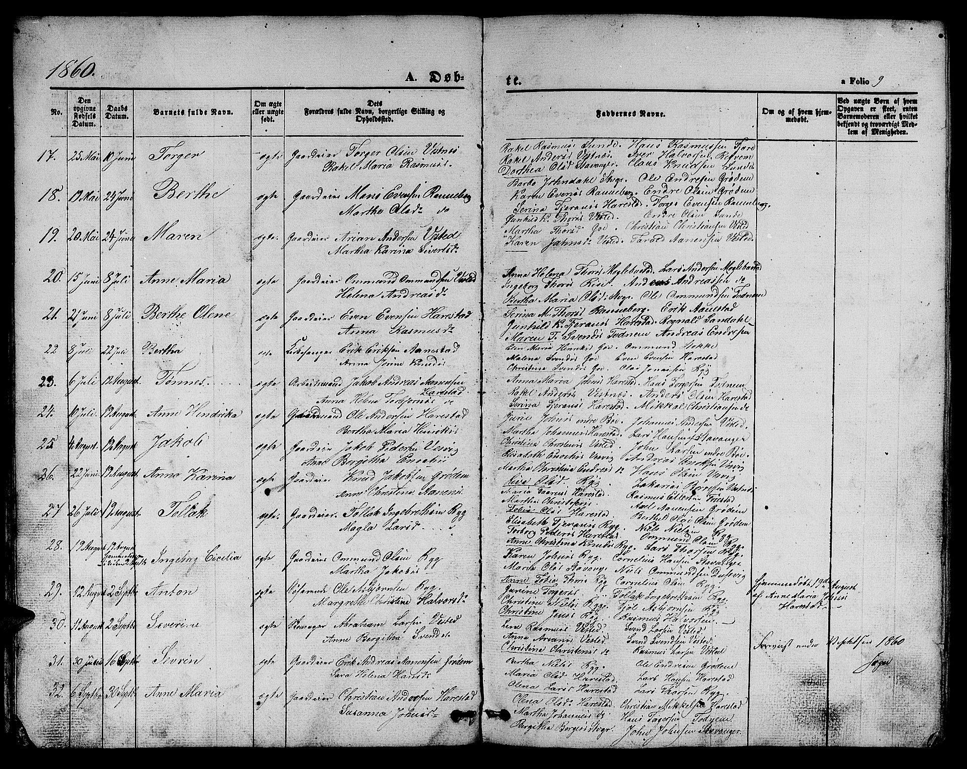 Hetland sokneprestkontor, AV/SAST-A-101826/30/30BB/L0002: Parish register (copy) no. B 2, 1856-1891, p. 9