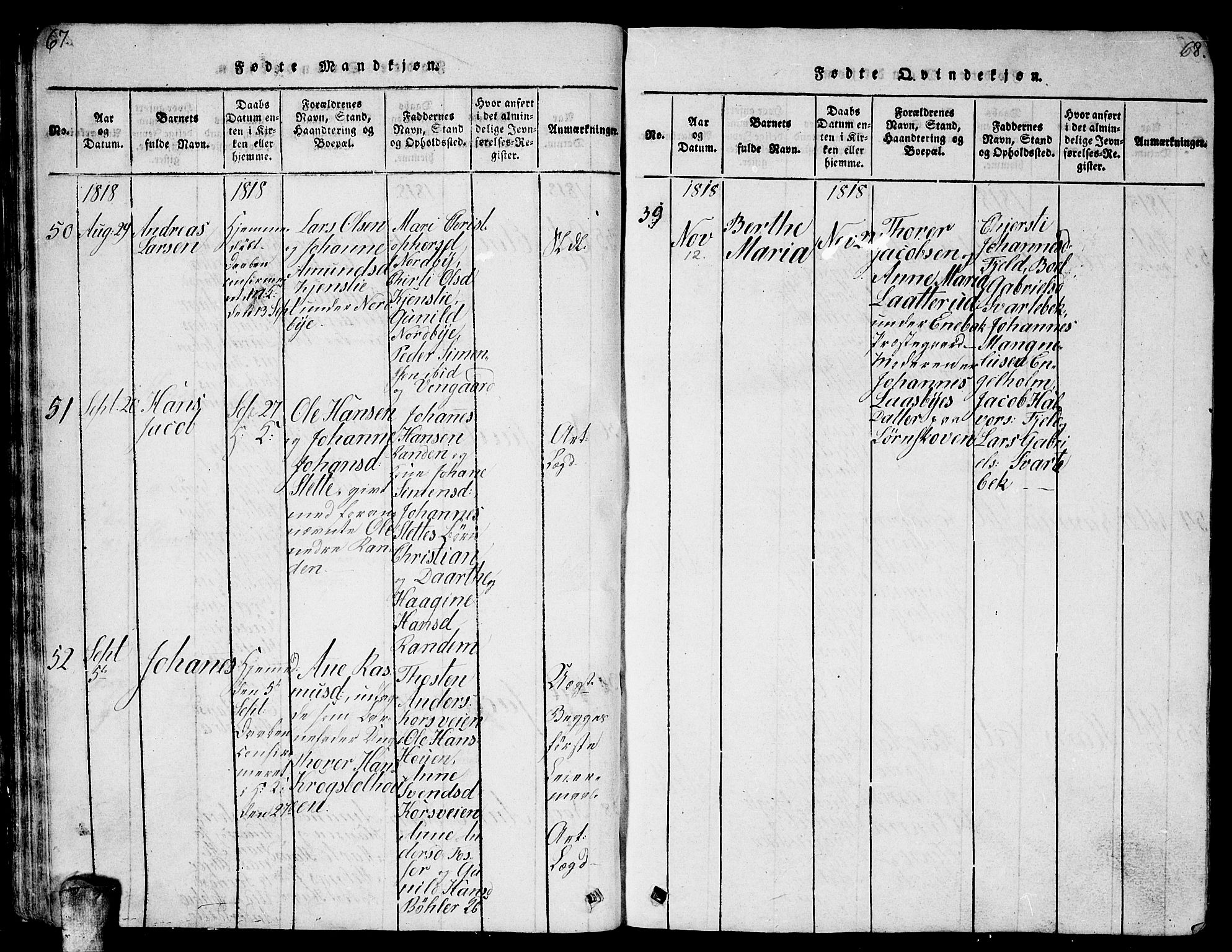 Enebakk prestekontor Kirkebøker, AV/SAO-A-10171c/G/Ga/L0001: Parish register (copy) no. I 1, 1815-1833, p. 67-68