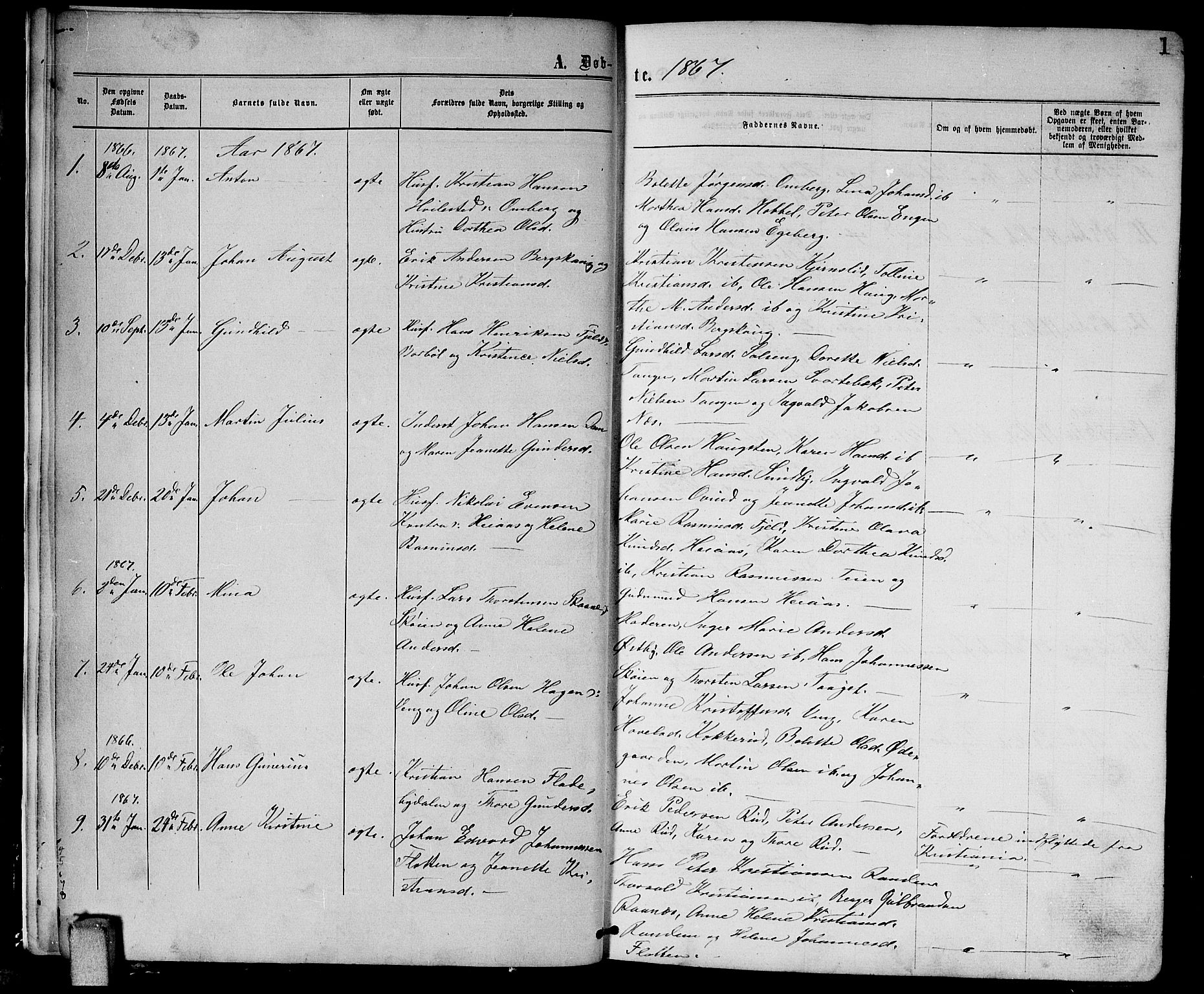 Enebakk prestekontor Kirkebøker, SAO/A-10171c/G/Ga/L0005: Parish register (copy) no. I 5, 1867-1888, p. 1