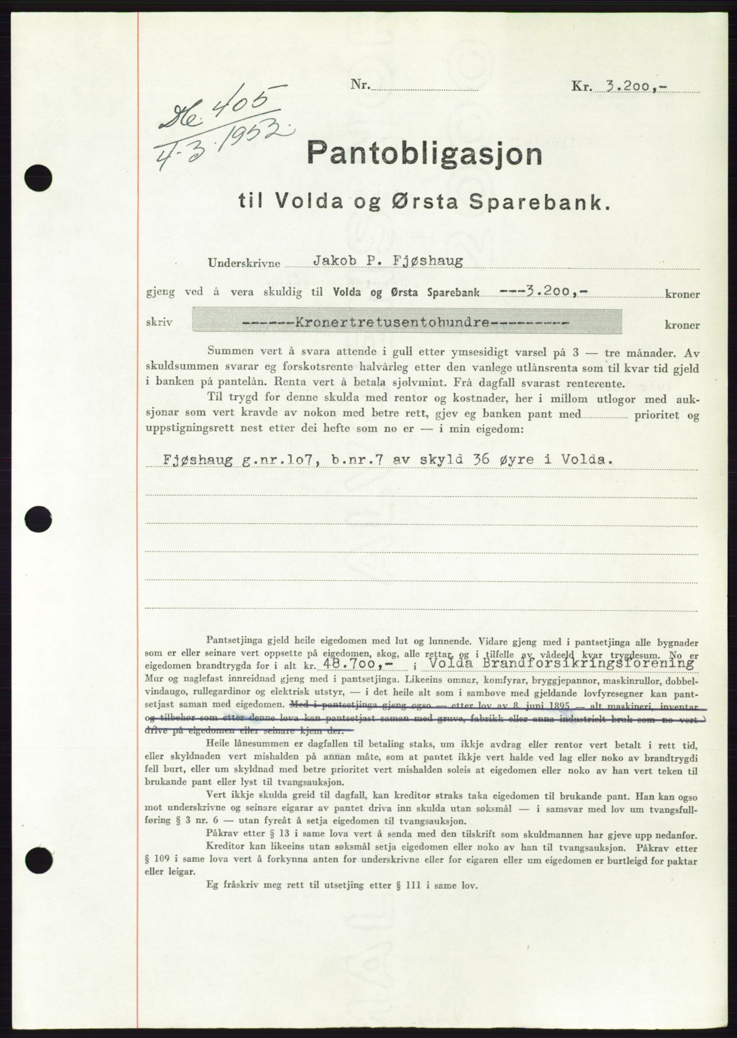 Søre Sunnmøre sorenskriveri, AV/SAT-A-4122/1/2/2C/L0121: Mortgage book no. 9B, 1951-1952, Diary no: : 405/1952