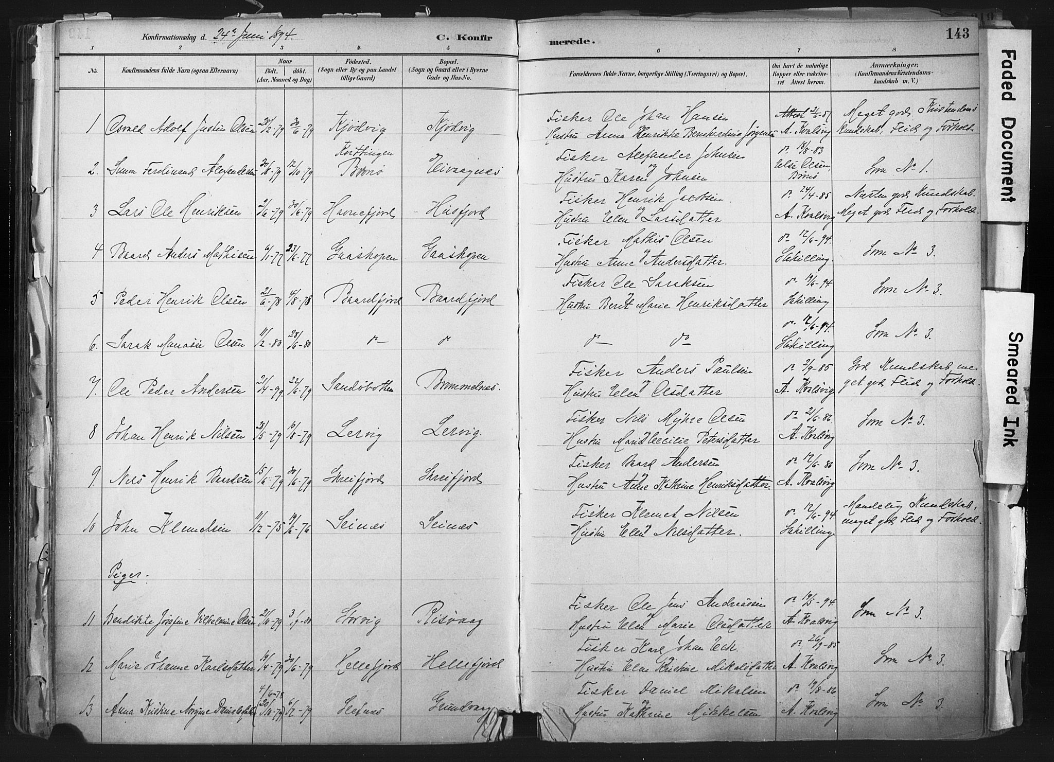 Hammerfest sokneprestkontor, AV/SATØ-S-1347/H/Ha/L0011.kirke: Parish register (official) no. 11 /1, 1885-1897, p. 143