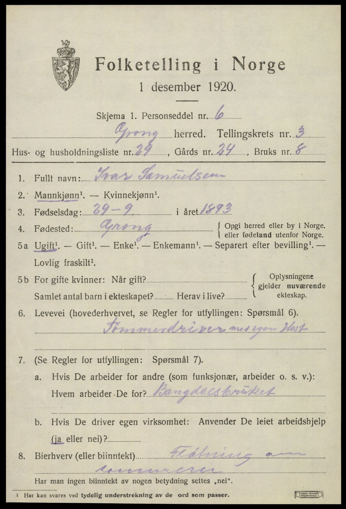 SAT, 1920 census for Grong, 1920, p. 2577