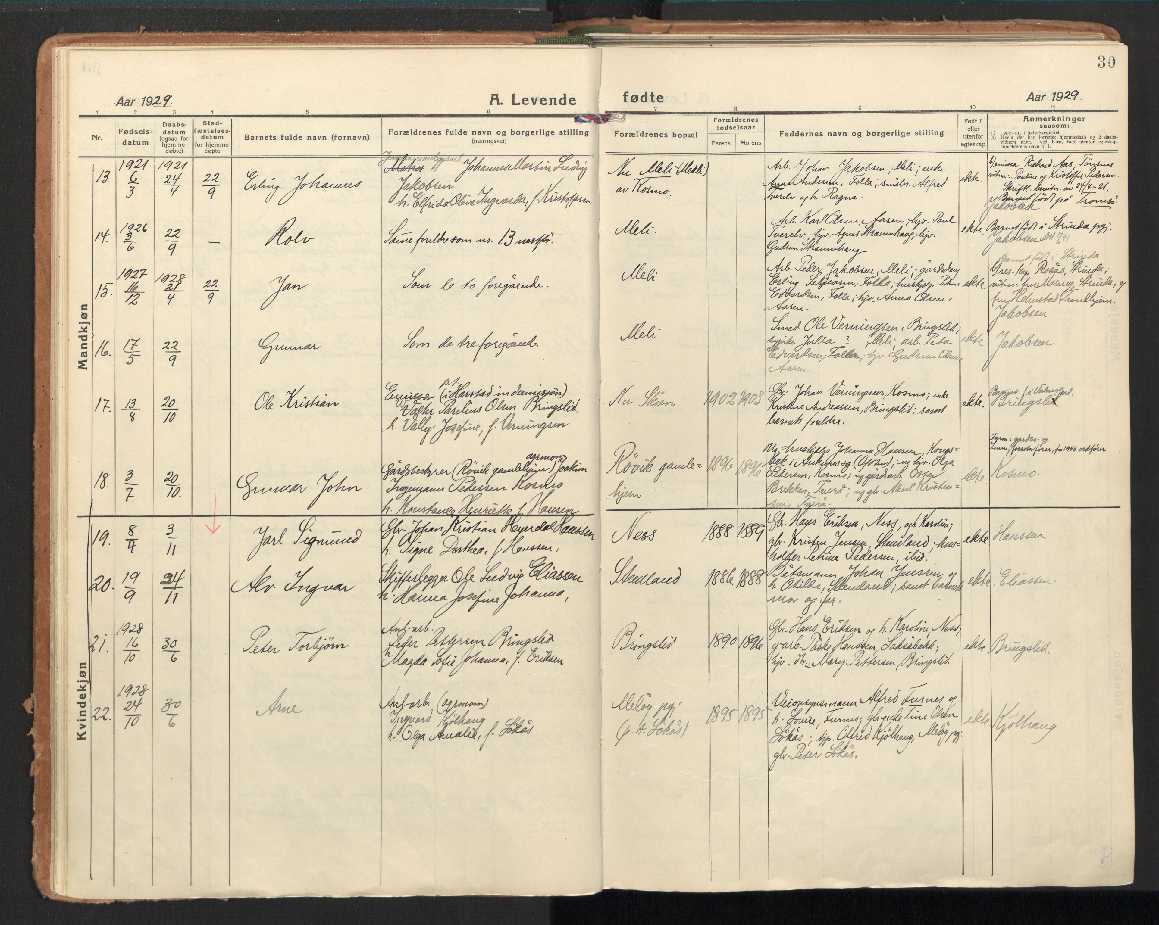 Ministerialprotokoller, klokkerbøker og fødselsregistre - Nordland, AV/SAT-A-1459/851/L0725: Parish register (official) no. 851A02, 1922-1944, p. 30