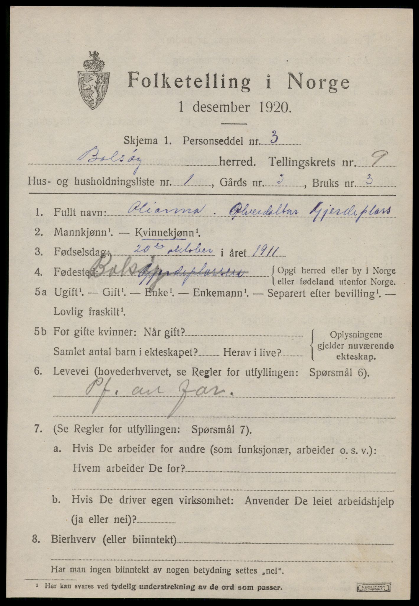 SAT, 1920 census for Bolsøy, 1920, p. 9871