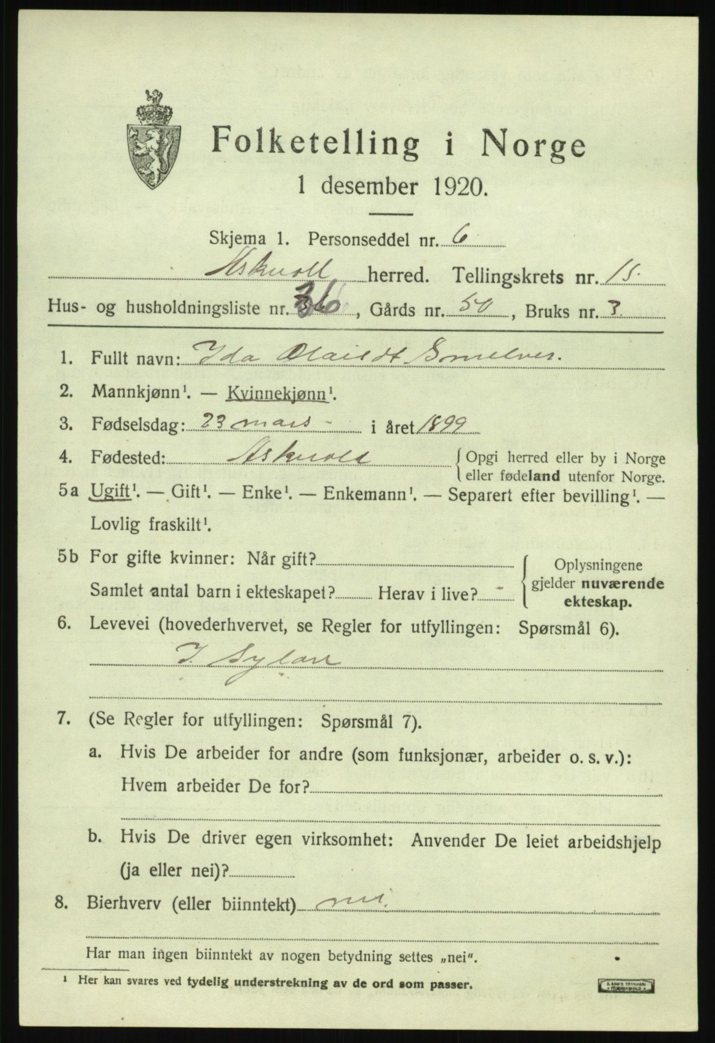 SAB, 1920 census for Askvoll, 1920, p. 5938