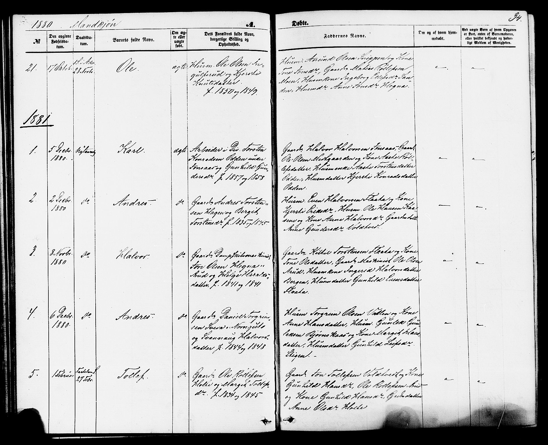 Sauherad kirkebøker, SAKO/A-298/F/Fa/L0008: Parish register (official) no. I 8, 1873-1886, p. 34