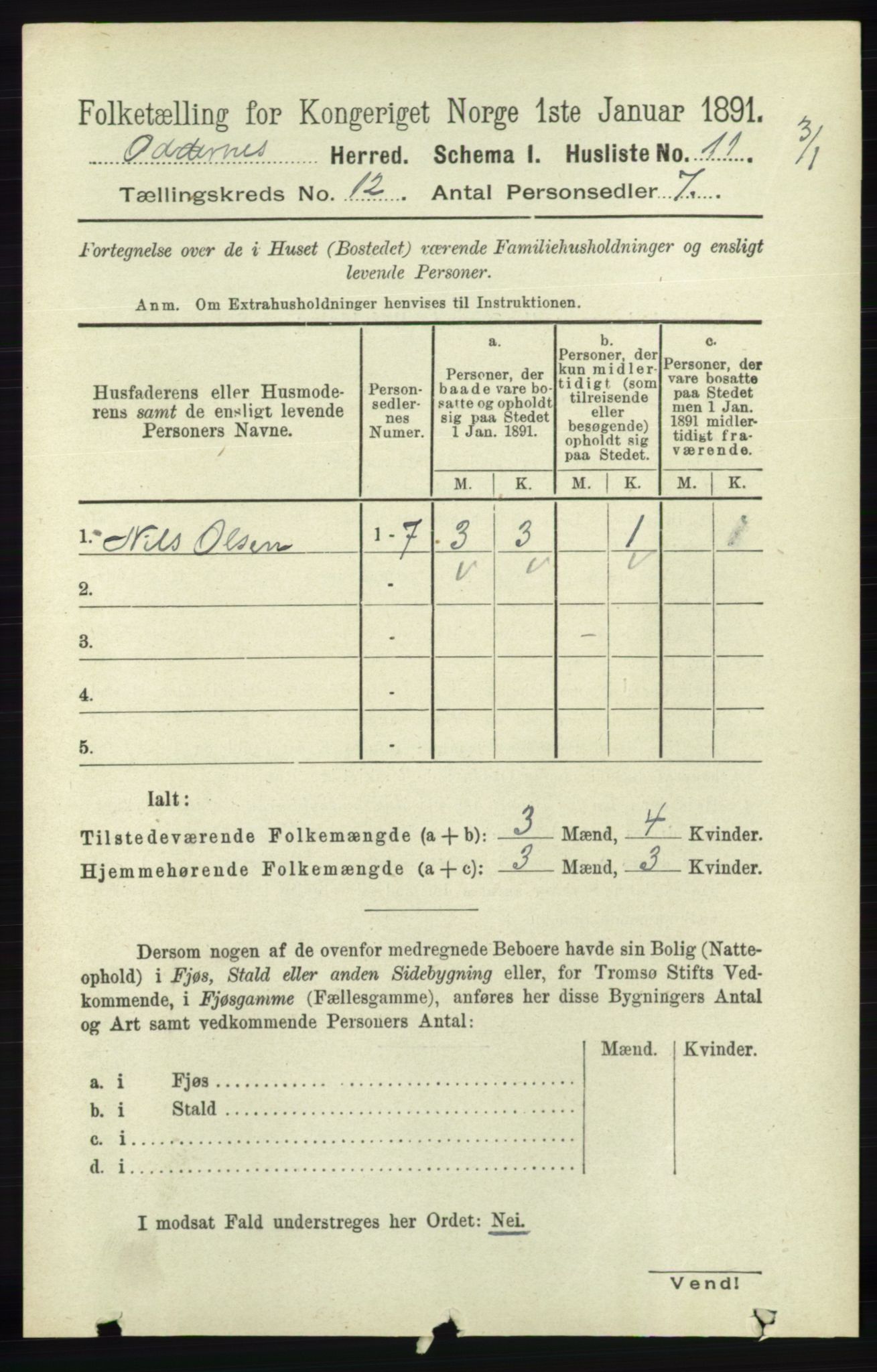 RA, 1891 census for 1012 Oddernes, 1891, p. 4321