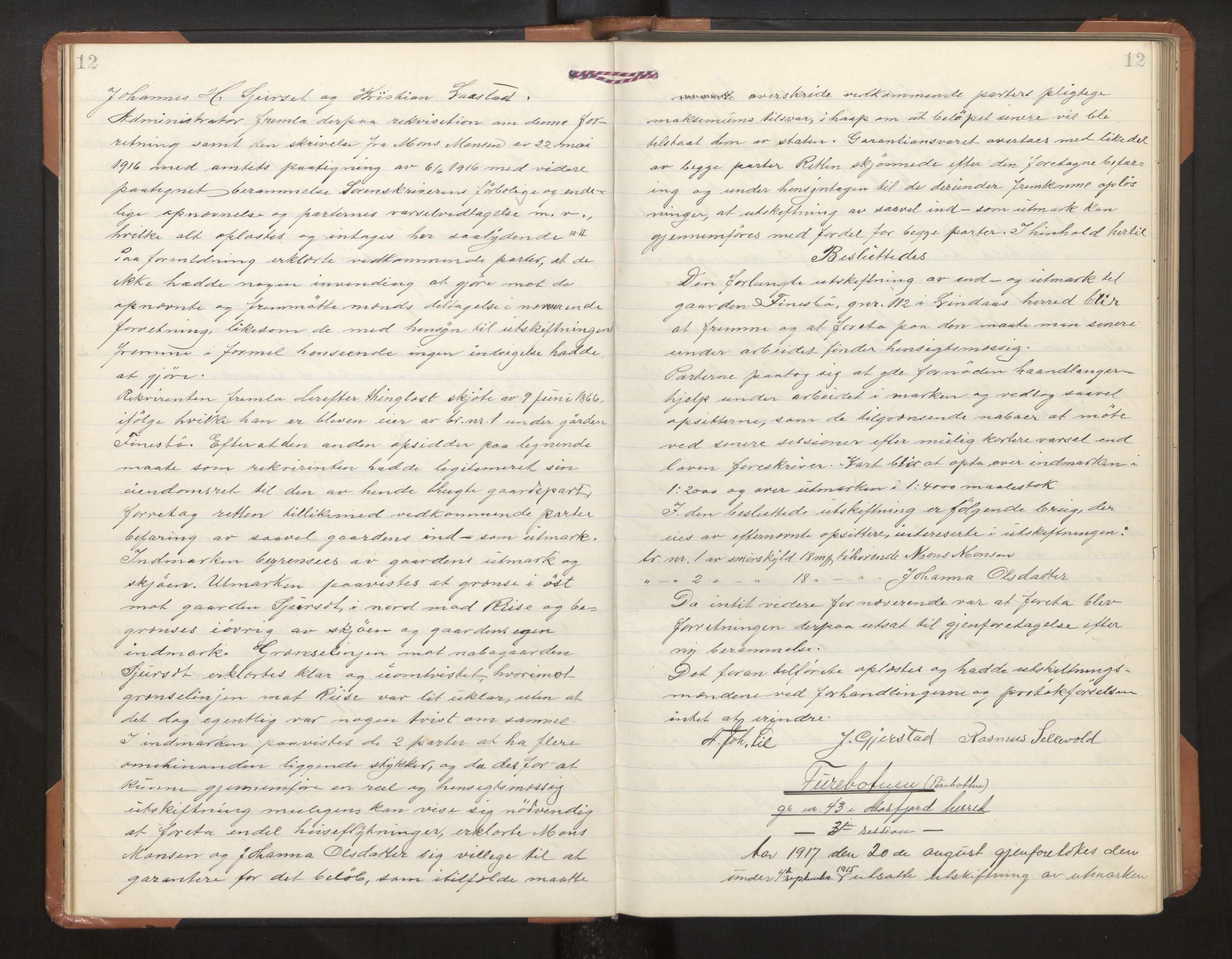 Hordaland jordskiftedøme - II Ytre Nordhordland jordskiftedistrikt, AV/SAB-A-6901/A/Aa/L0030: Forhandlingsprotokoll, 1917-1919, p. 12