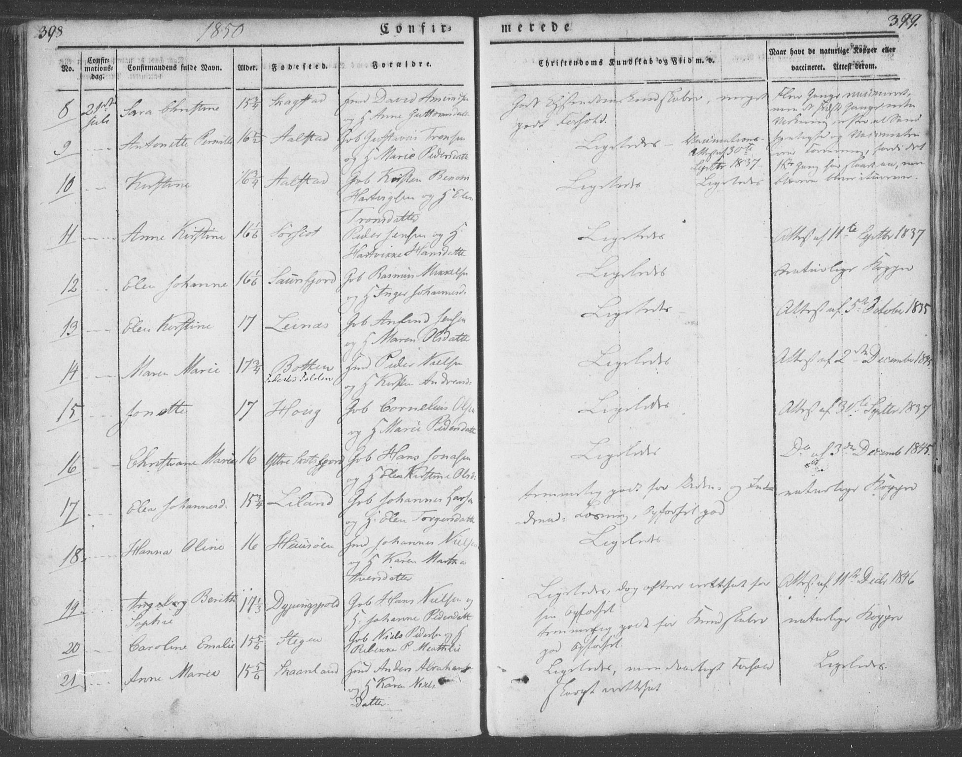 Ministerialprotokoller, klokkerbøker og fødselsregistre - Nordland, AV/SAT-A-1459/855/L0799: Parish register (official) no. 855A07, 1834-1852, p. 398-399