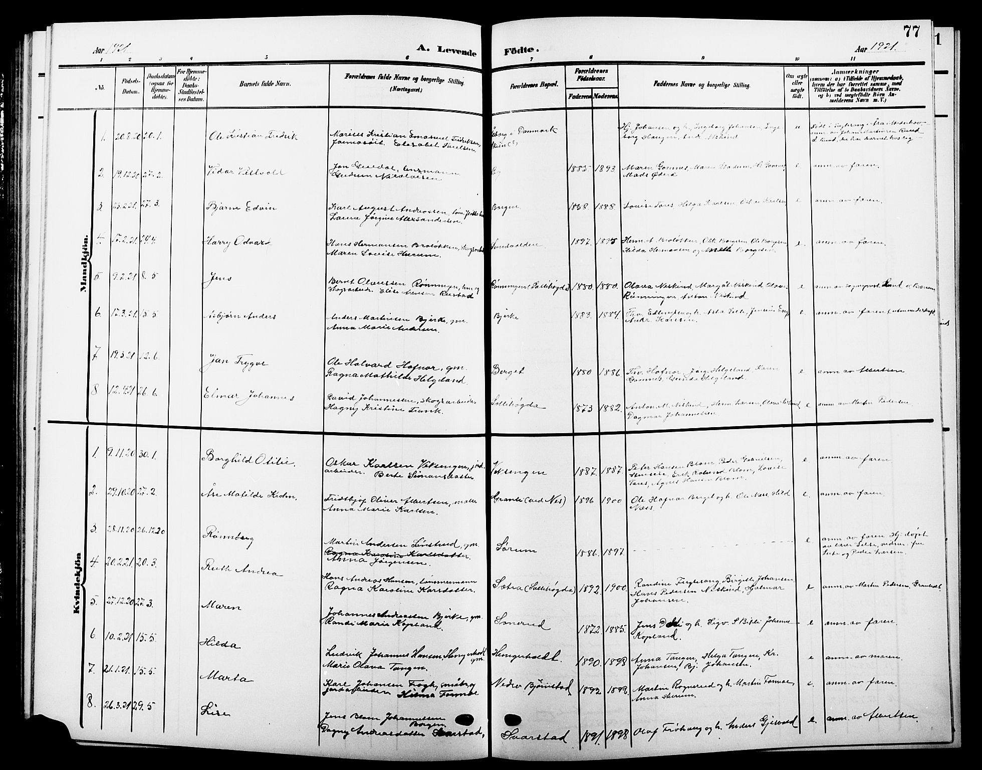 Hole kirkebøker, AV/SAKO-A-228/G/Ga/L0004: Parish register (copy) no. I 4, 1905-1924, p. 77