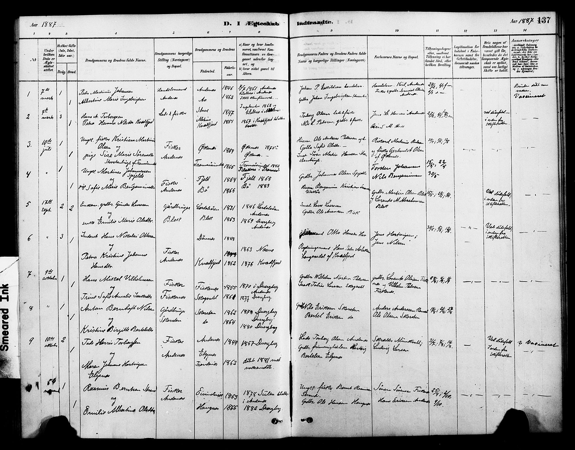 Ministerialprotokoller, klokkerbøker og fødselsregistre - Nordland, SAT/A-1459/899/L1436: Parish register (official) no. 899A04, 1881-1896, p. 137