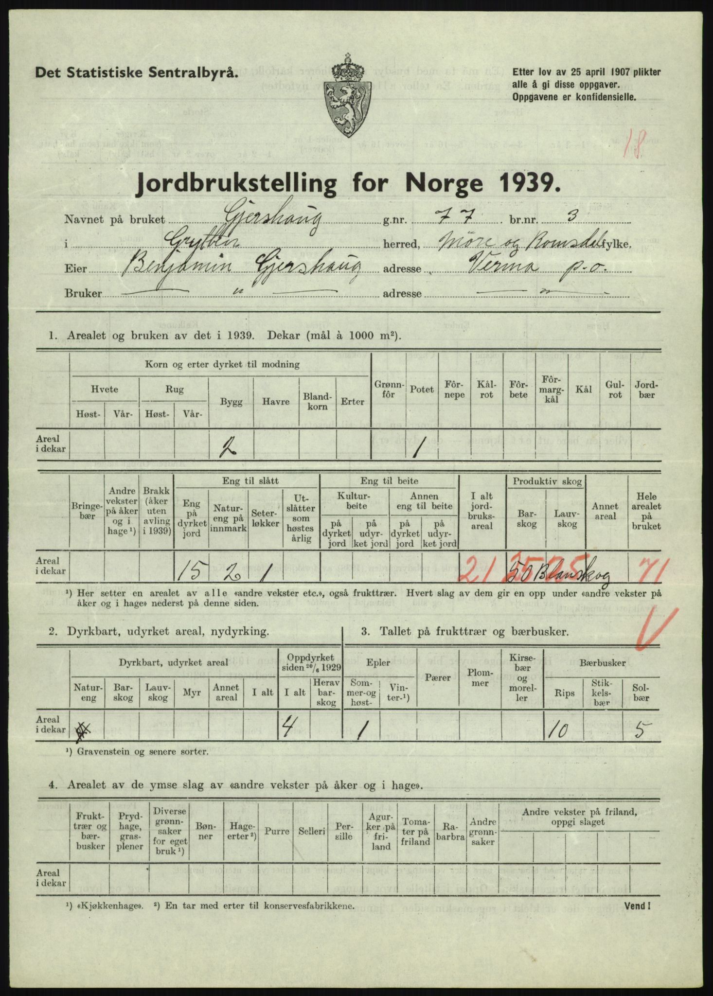 Statistisk sentralbyrå, Næringsøkonomiske emner, Jordbruk, skogbruk, jakt, fiske og fangst, AV/RA-S-2234/G/Gb/L0251: Møre og Romsdal: Voll, Eid, Grytten og Hen, 1939, p. 623