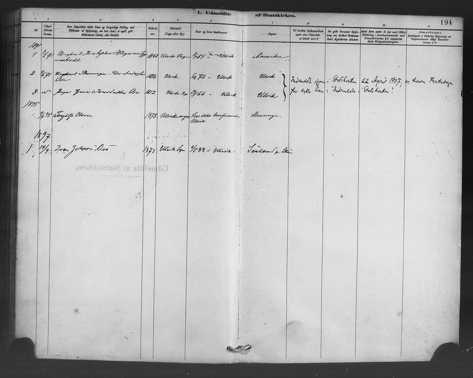 Ulvik sokneprestembete, SAB/A-78801/H/Haa: Parish register (official) no. B 1, 1878-1897, p. 194