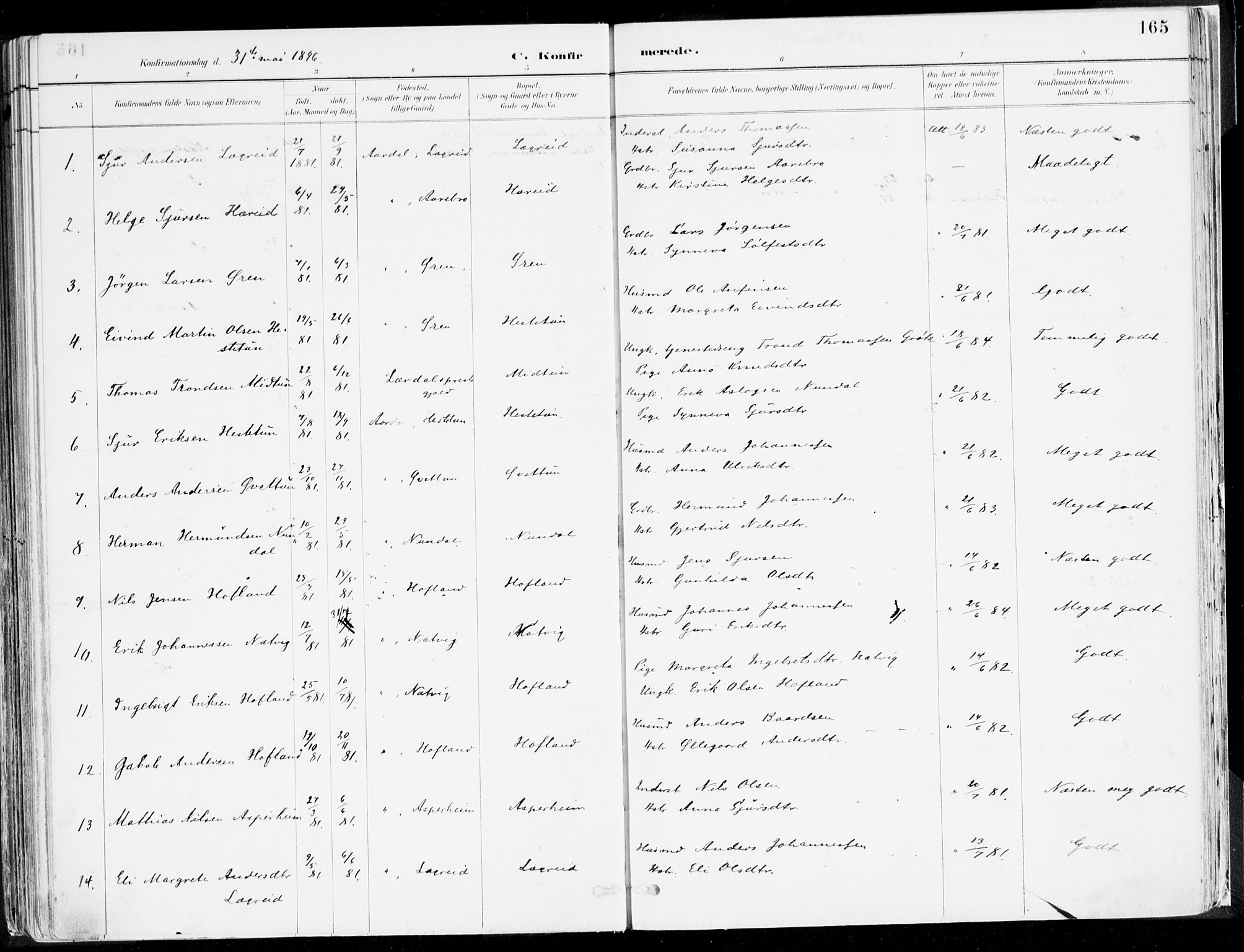 Årdal sokneprestembete, SAB/A-81701: Parish register (official) no. A 5, 1887-1917, p. 165