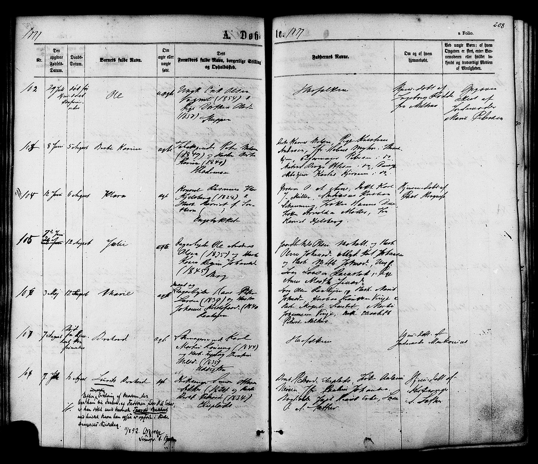 Ministerialprotokoller, klokkerbøker og fødselsregistre - Sør-Trøndelag, AV/SAT-A-1456/606/L0293: Parish register (official) no. 606A08, 1866-1877, p. 208