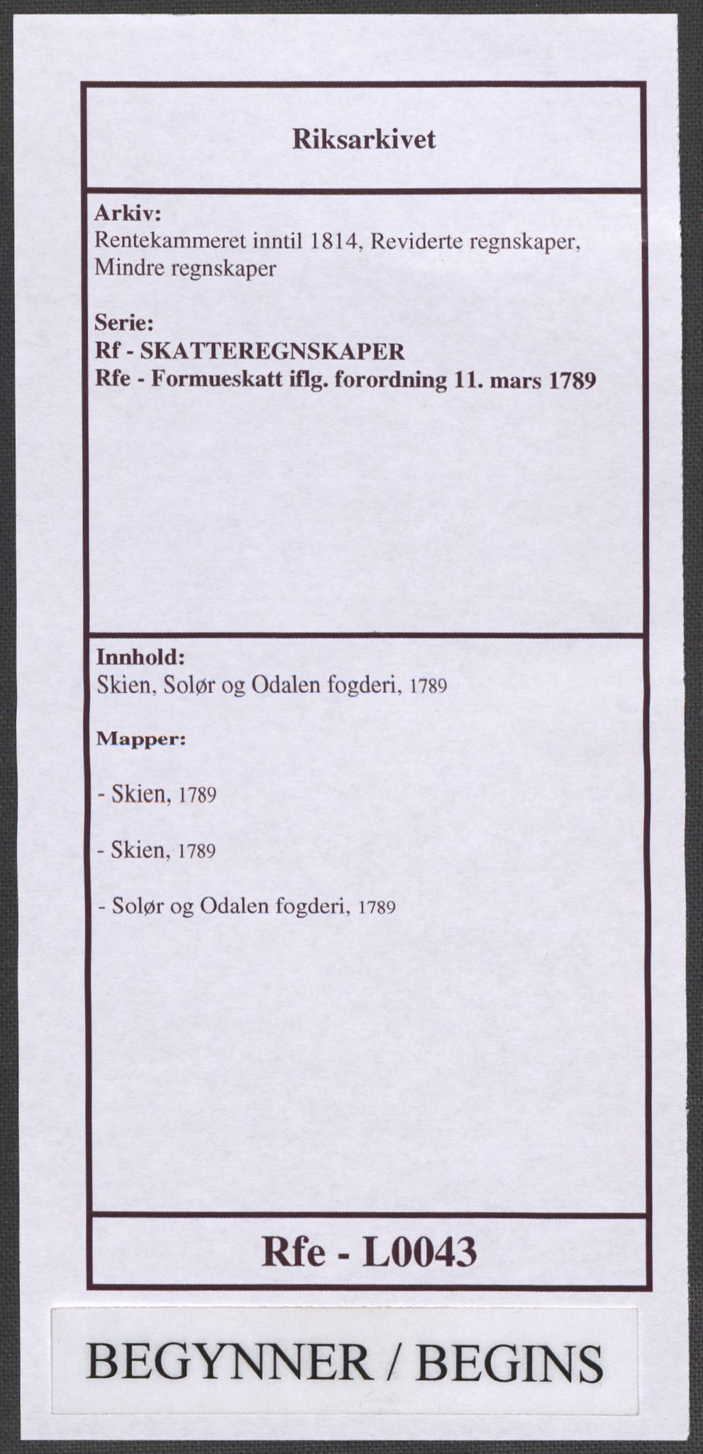 Rentekammeret inntil 1814, Reviderte regnskaper, Mindre regnskaper, RA/EA-4068/Rf/Rfe/L0043: Skien, Solør og Odalen fogderi, 1789, p. 1