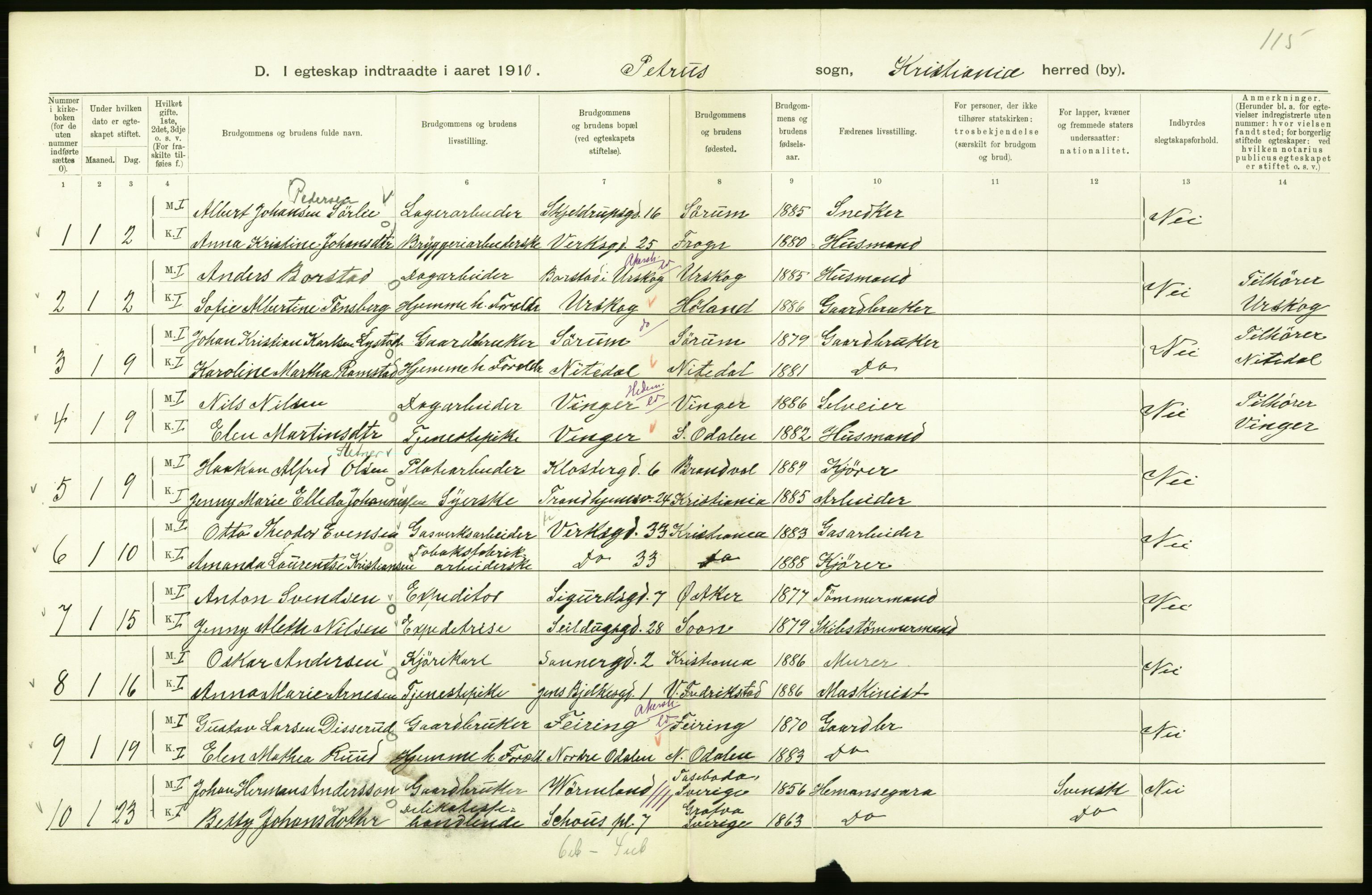 Statistisk sentralbyrå, Sosiodemografiske emner, Befolkning, AV/RA-S-2228/D/Df/Dfa/Dfah/L0009: Kristiania: Gifte og dødfødte., 1910, p. 226